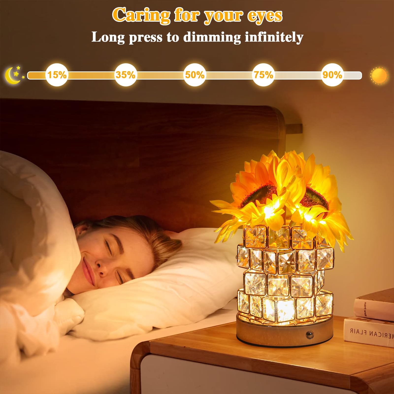 Birthday Gifts For Women/Mom Sunflower Cordless Table Lamp ,3 Color Crystal Lamps Touch Bedside Lamps Infinitely Dimming With Us