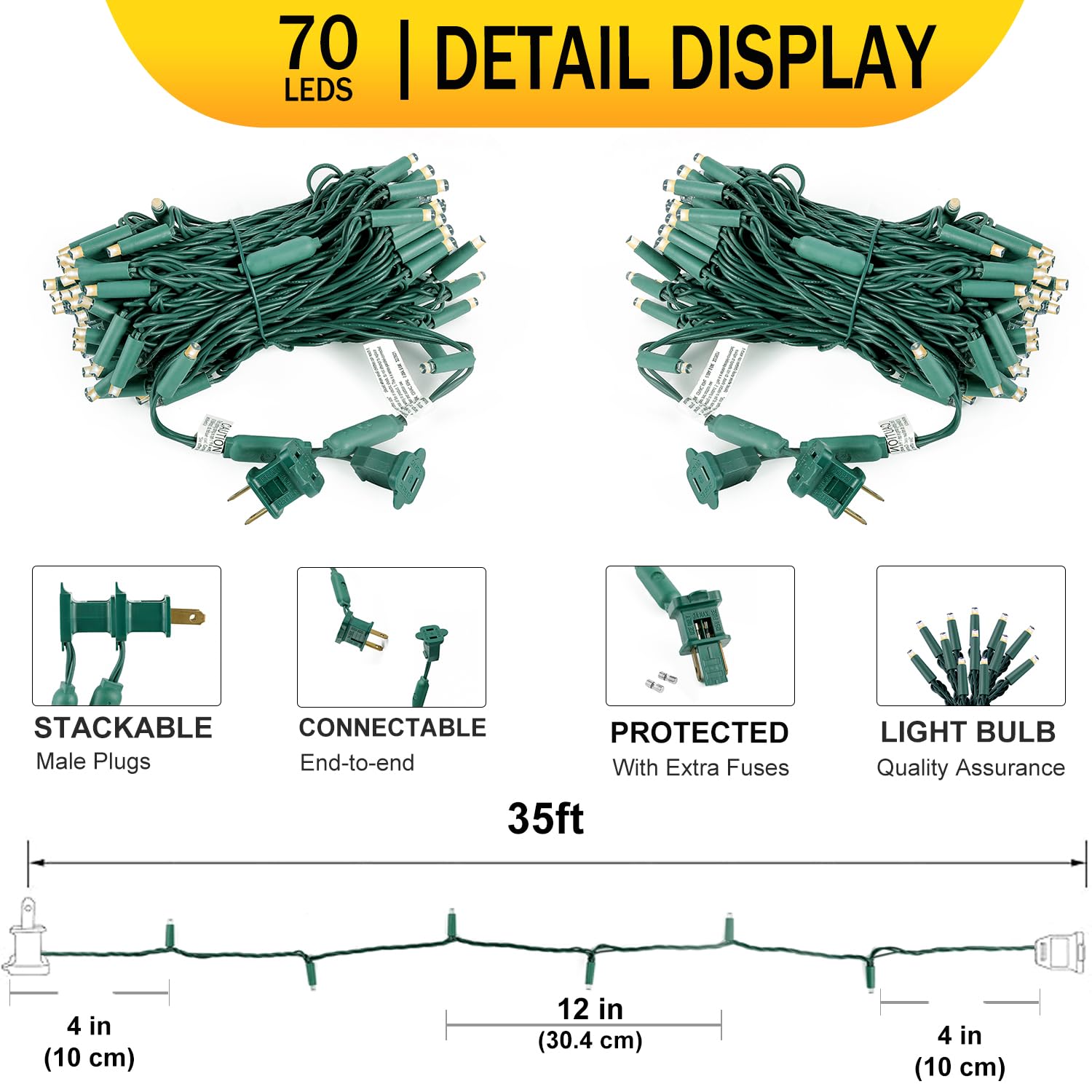 Broulove Led Christmas Lights 70 Count, String Lights For Outdoor & Indoor, Commercial Grade, Green Wire, Warm White Light, 6 Inches Spacing, 35 Ft Length