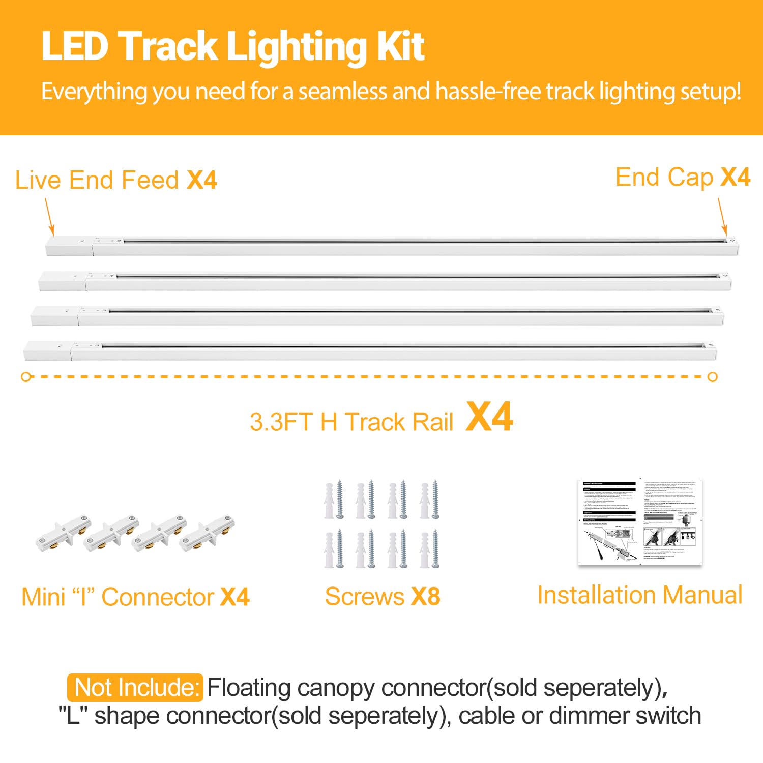 Vanoopee 13Ft H Track Lighting Rails Kit - White Aluminum, End Caps & Live End Connector