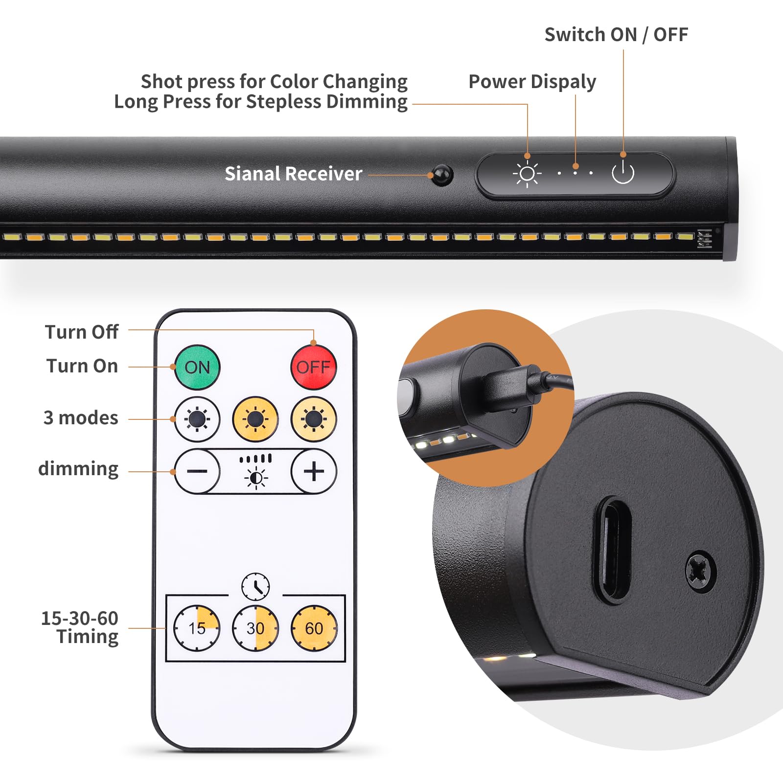 EAYOYAE Wireless Picture Light - 31.5" Black Art Display Light, Remote Control, Rechargeable/Plugged in, Aluminum, Model PC-80c