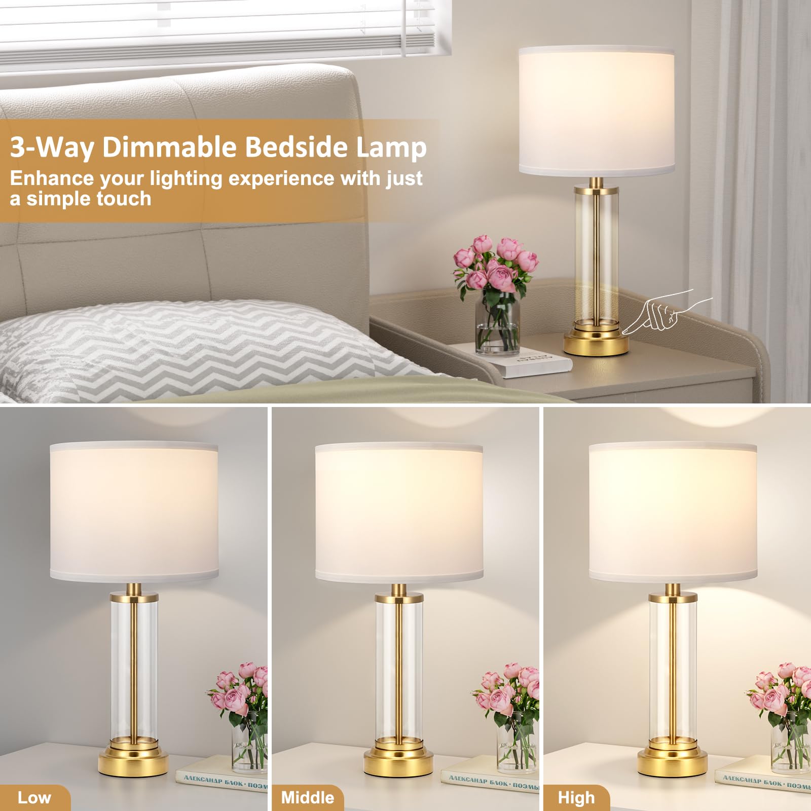 Gold Bedroom Lamps Set Of 2 - Touch Bedside Lamp For Night Stands With Usb C+A, 3 Way Dimmable Nightstand Table Lamps For Living