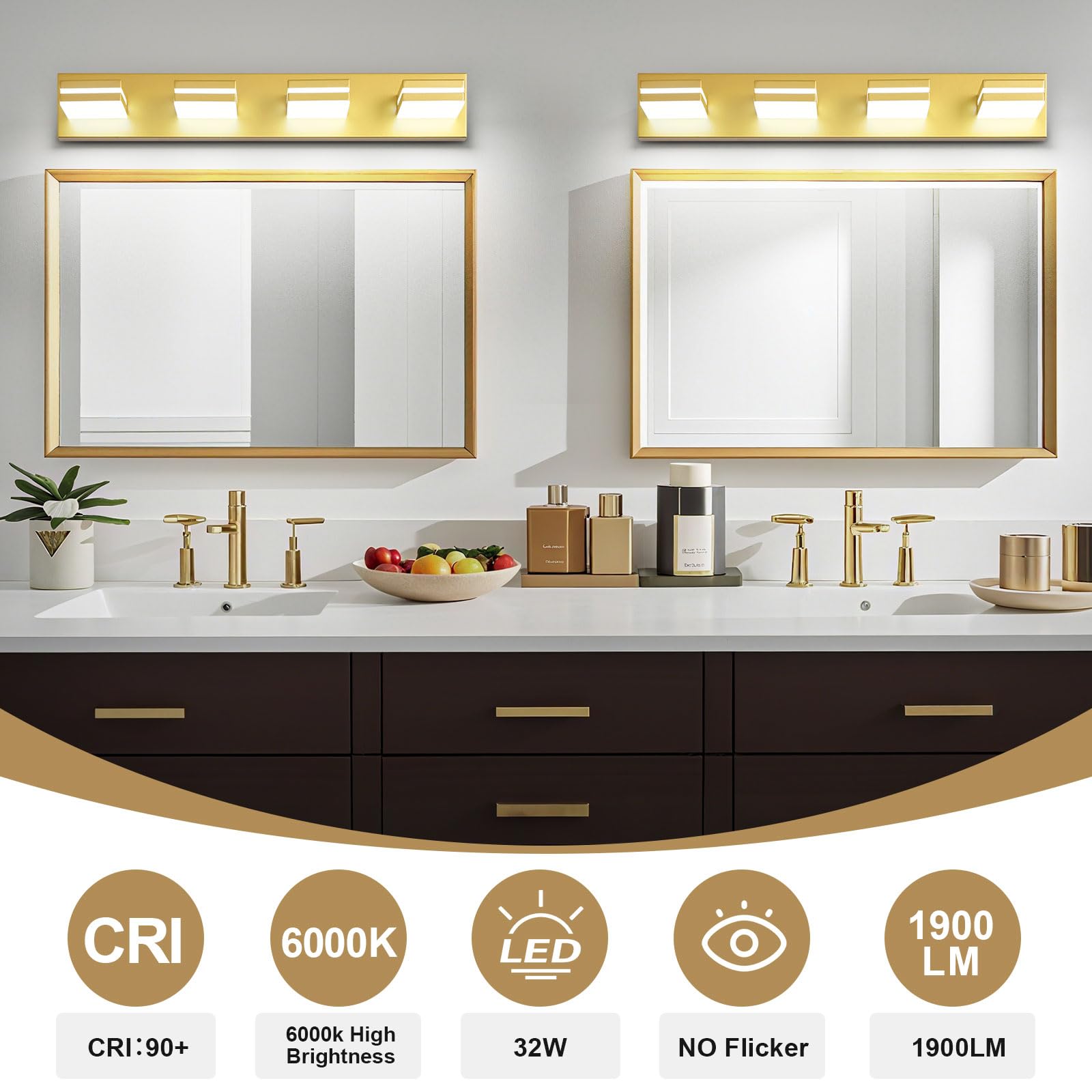 Jzekvn Modern Led Bathroom Lights Fixtures(4-Light) Metal Gold Acrylic Wall Lighting Vanity Lights For Bathroom Over Mirror(6000K 27In