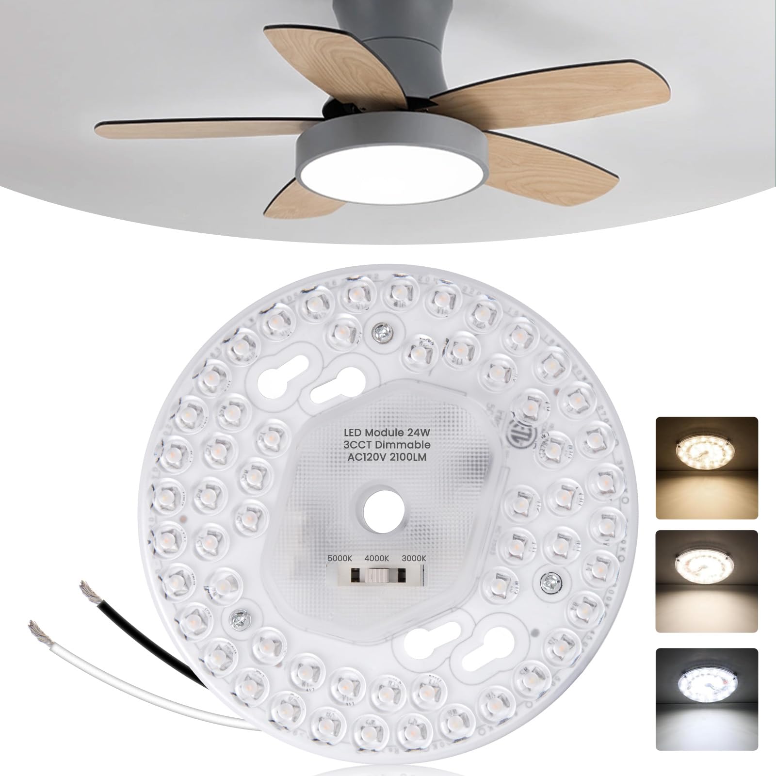 TobeBright Ceiling Fan LED Light Replacement, 5.1inch 24W 2100Lm Ceiling Fan Light kit,3CCT 3000K/4000K/5000K Dimmable LED Engin