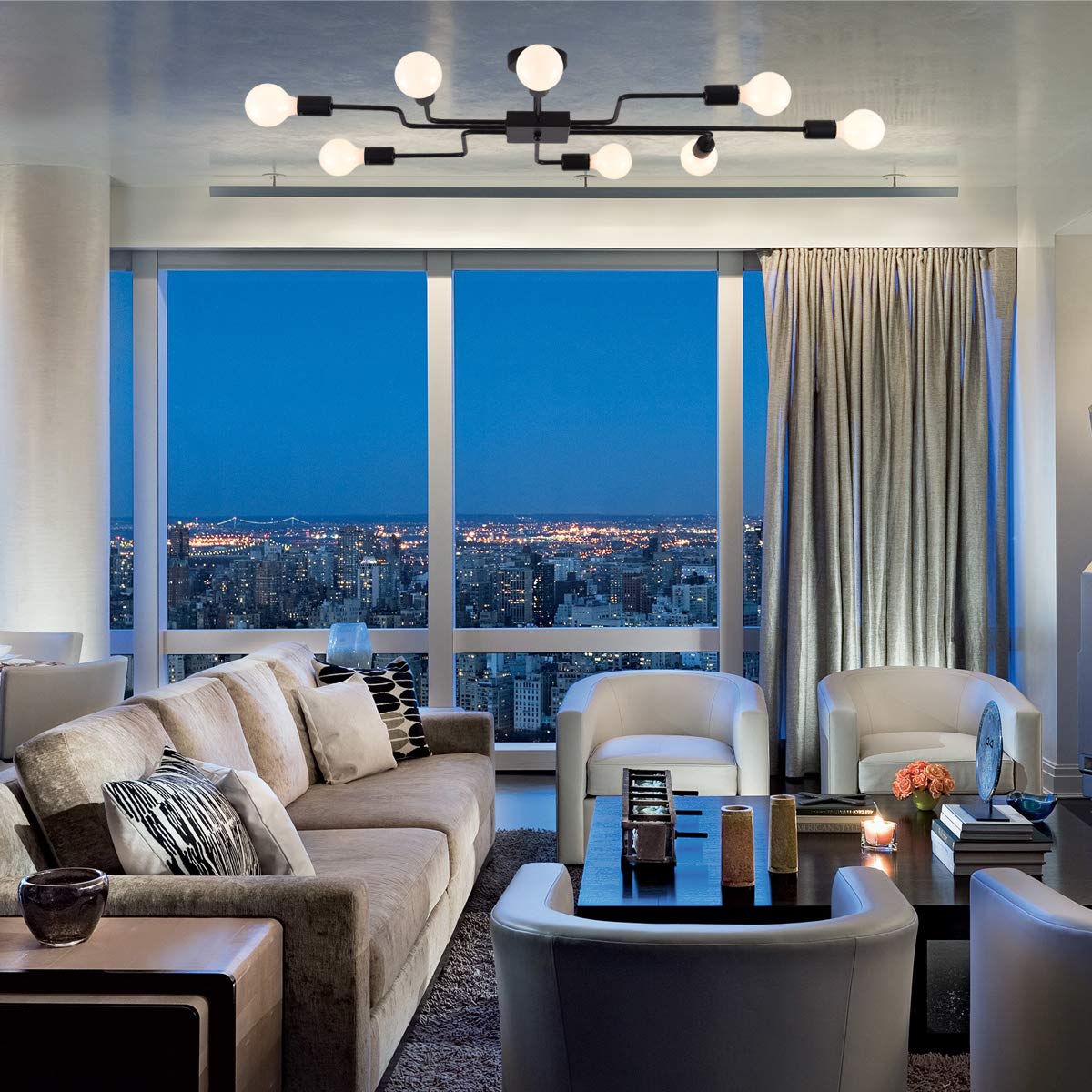 Mirrea Modern Industrial Semi-Flush Mount Metal Ceiling Lighting For Rectangular Room 8 Lights (Black Painted)