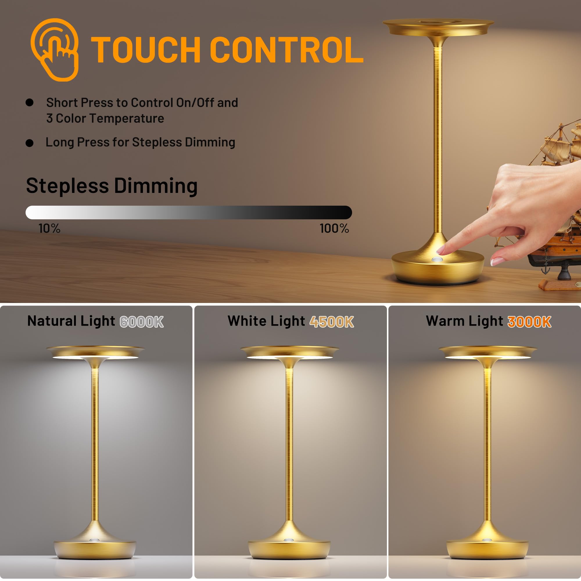 SHANGCAI LED Cordless Table Lamp, Rechargeable, 3 Color Dimming, Aluminum, Gold