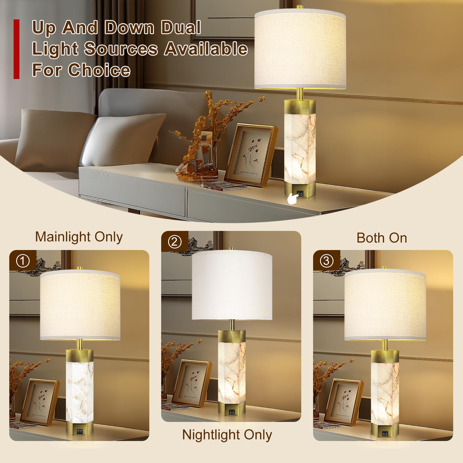 Natural Alabaster Table Lamps Set Of 2,Table Lamp With Night Light For Living Room,Nightstand Lamp With Usb Ports,Bedside Lamp W