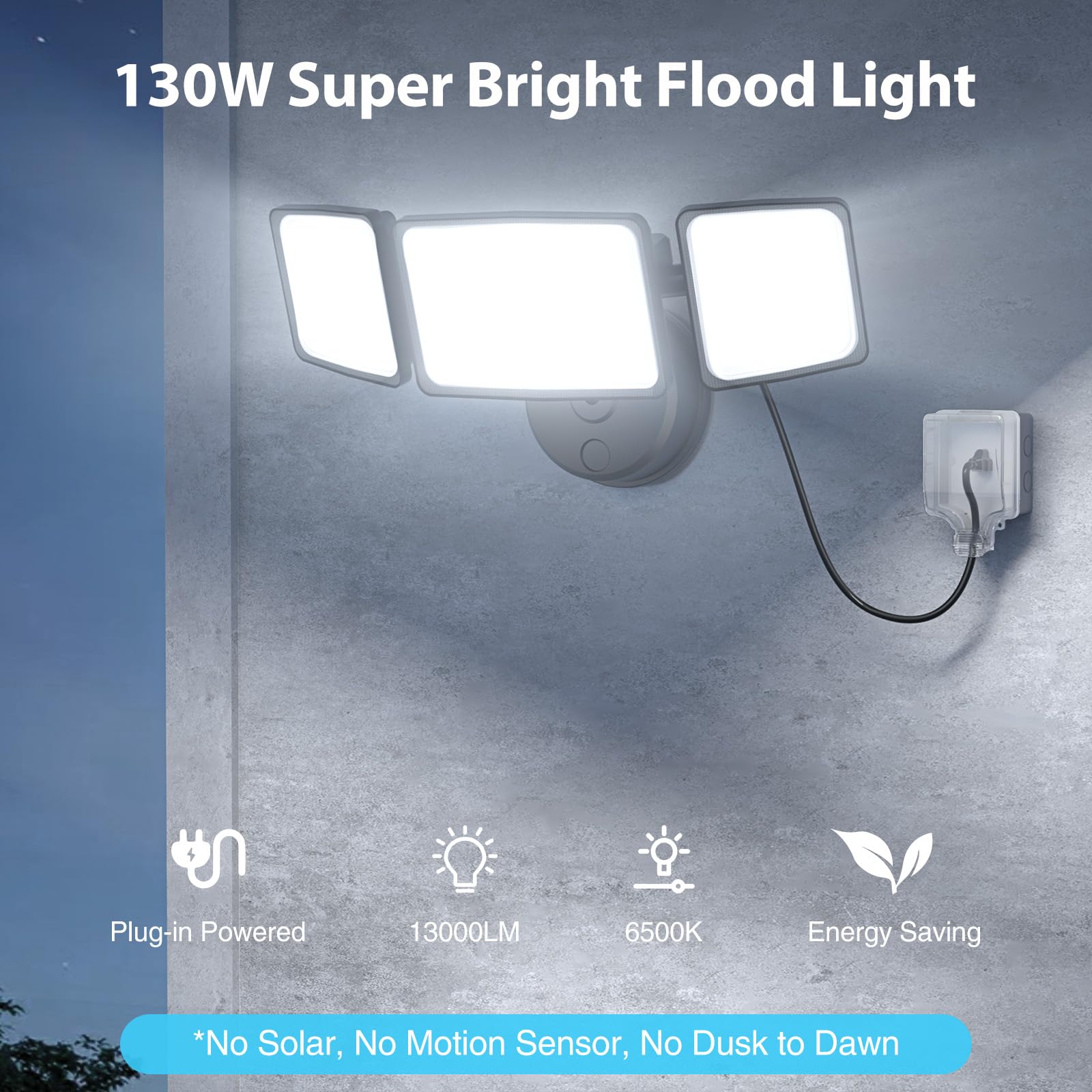 Onforu 130W Flood Lights Outdoor, 13000Lm Brightness Plug-In Led Flood Light Outdoor, Ip65 Waterproof Security Light With 3 Adju