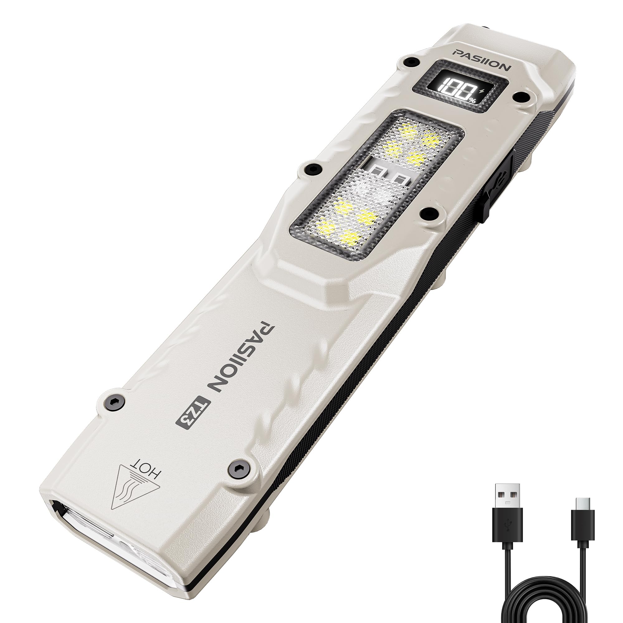 PASIION EDC Tactical Flashlight, Rechargeable Stainless Steel, 8 Modes, Cool White 6000K-7000K, Model FL05T-A-WH