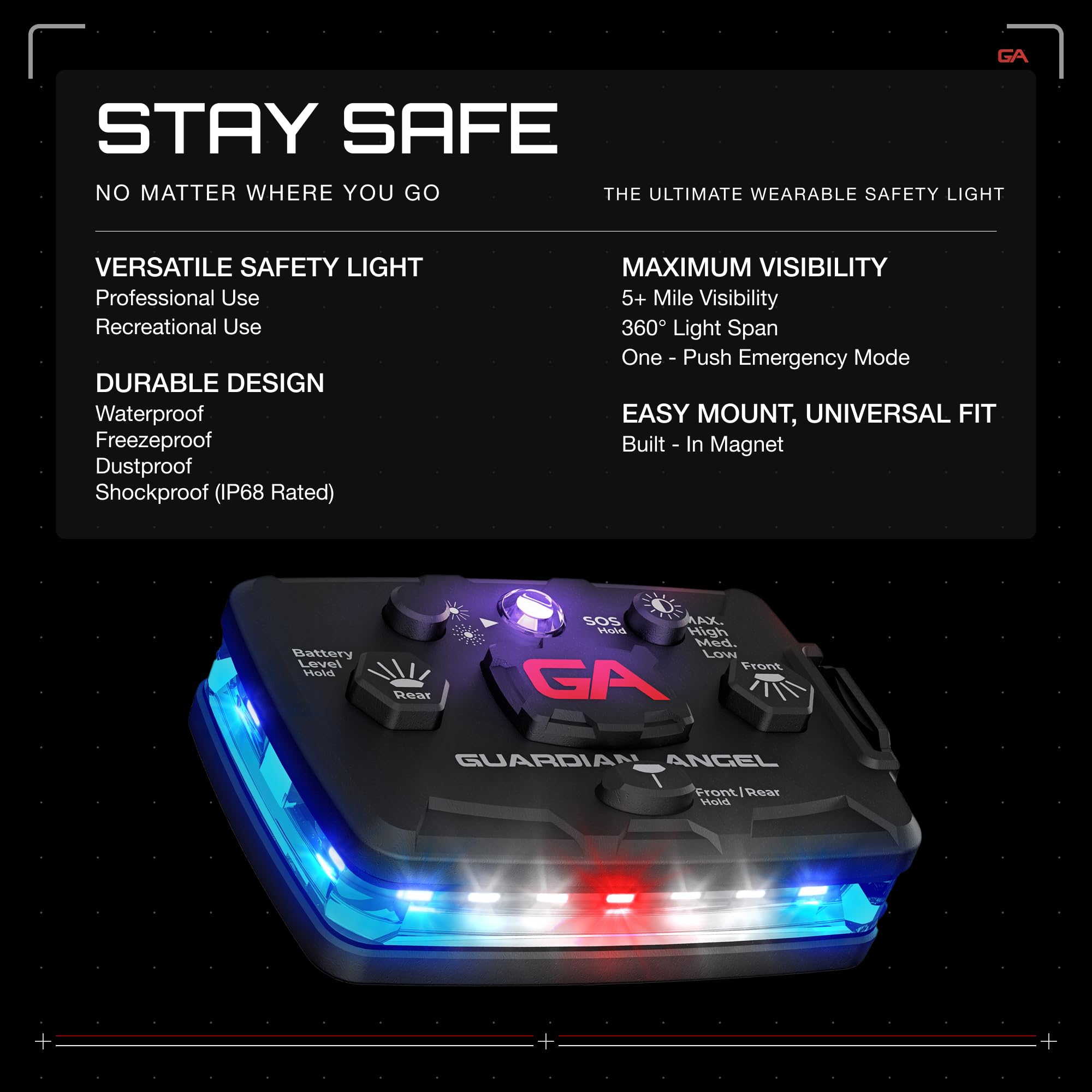 Guardian Angel Elite Series Infrared-Hybrid Safety Light - Rechargeable, Magnetic, Hands-Free, White/Blue Front & Blue Rear - Model 10