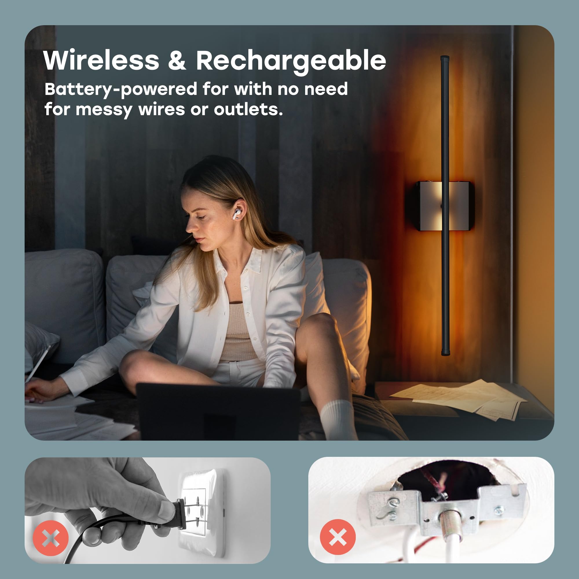 Battery Operated Wall Sconce Set Of Two With Adjustable Brightness & Tone - 6W Battery Sconces With Remote & Touch Control - Up