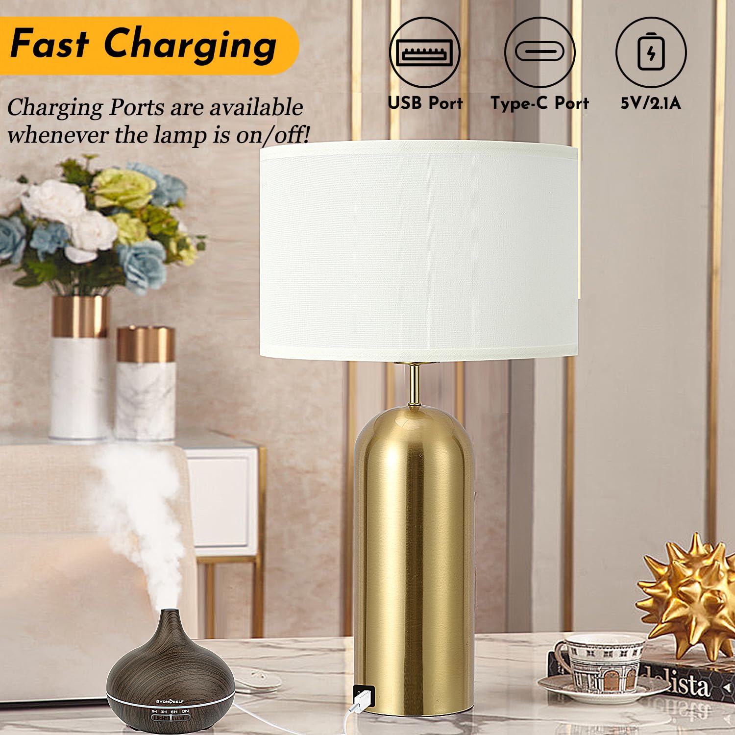 MoMyofdy Gold Table Lamps Set of 2 Touch Control 3-Way Dimmable 22IN USB Ports Modern Bedroom Nightstand Lamps QL5067-L