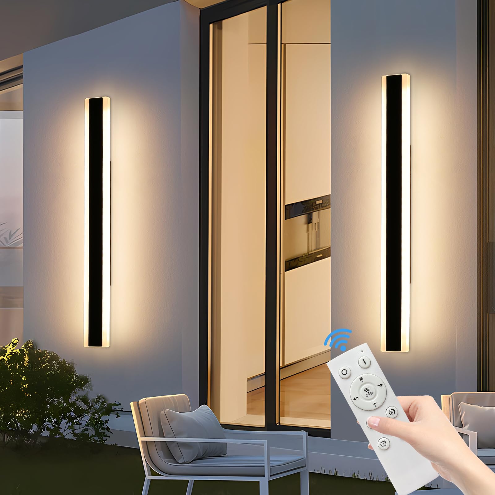 Daoseolo 2 Pack Long Outdoor Wall Sconce, 47.2Inch Modern Exterior Light Fixture, Ip65 Waterproof, 3000K-6000K Dimmable With Remote Control, Linear Wall Mount Lighting For Patio, Garden, Garage