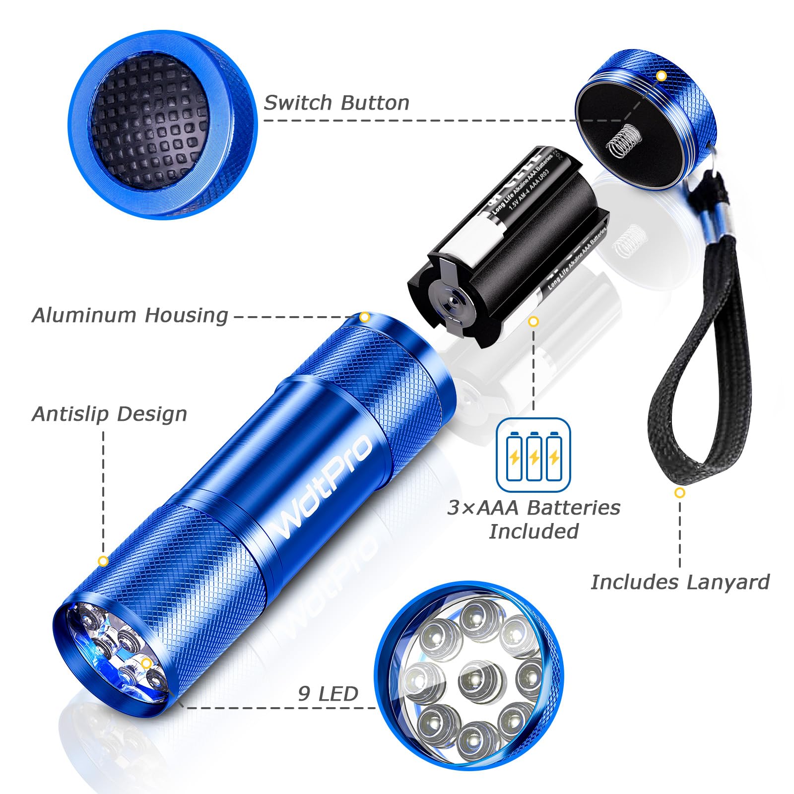 WdtPro LED Mini Flashlights 18 Pack, Aluminum, Assorted Colors, Model MAF-30