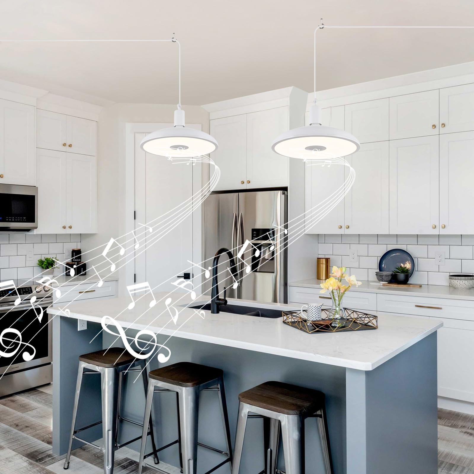 HOREVO Pendant Light with Bluetooth Speaker, 18W Color Changing LED, Remote Control, 12in Upgrade-White, Model H0017