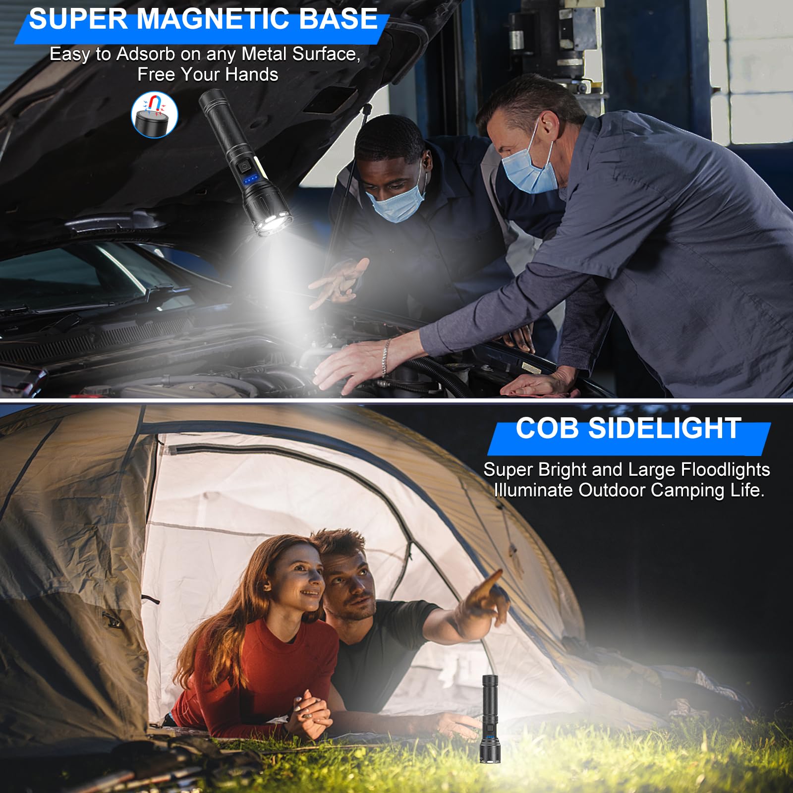 Rechargeable Magnetic Flashlights 100 000 High Lumens  Super Bright Led Powerful Flashlight 8 Modes With Cob Work Light  Waterproof Handheld Flash Light For Camping (2 Pack With Paper Box  Black)