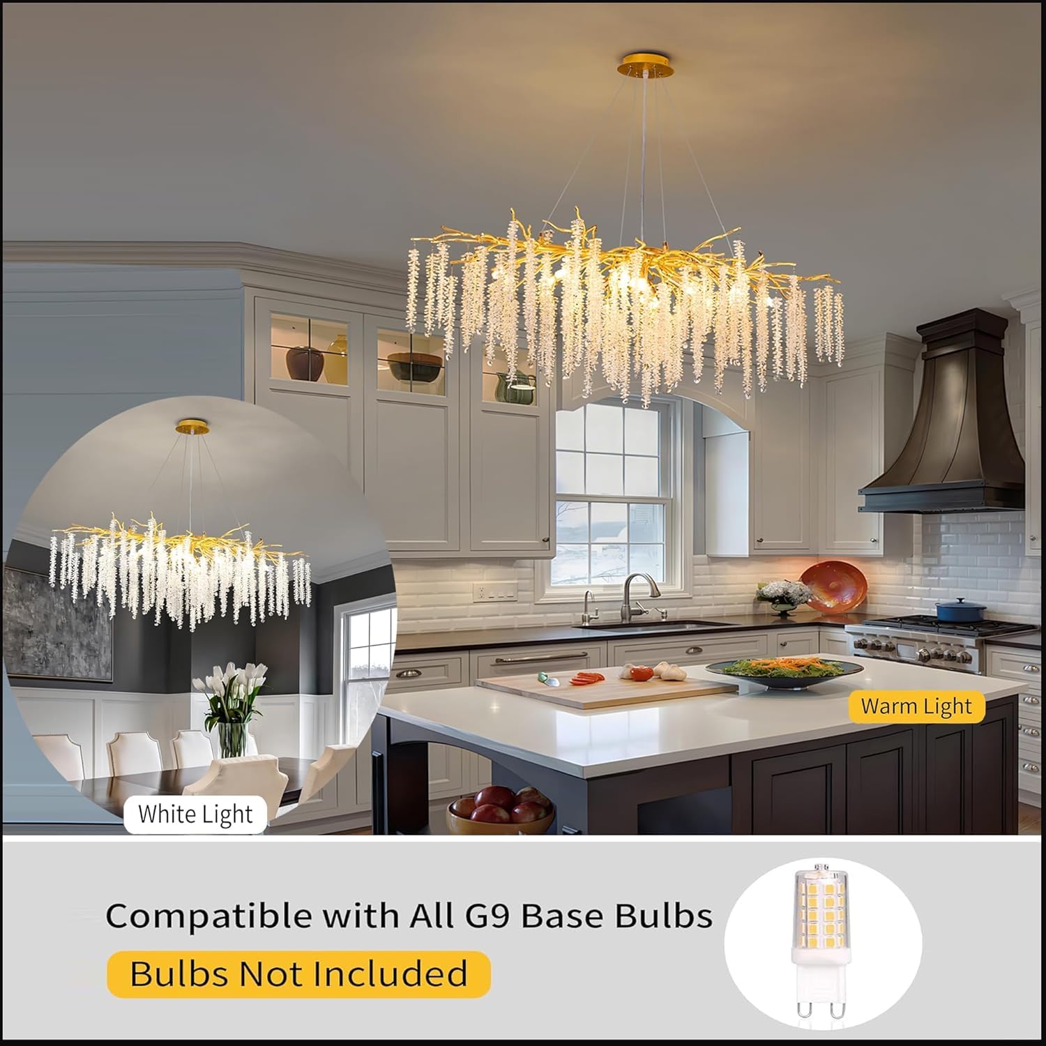 Puvaue Tree Branch Chandelier L47 Luxury Rectangular Crystal Raindrop Pendant Light 13 Lights Kitchen Island Hanging Light Fixtu