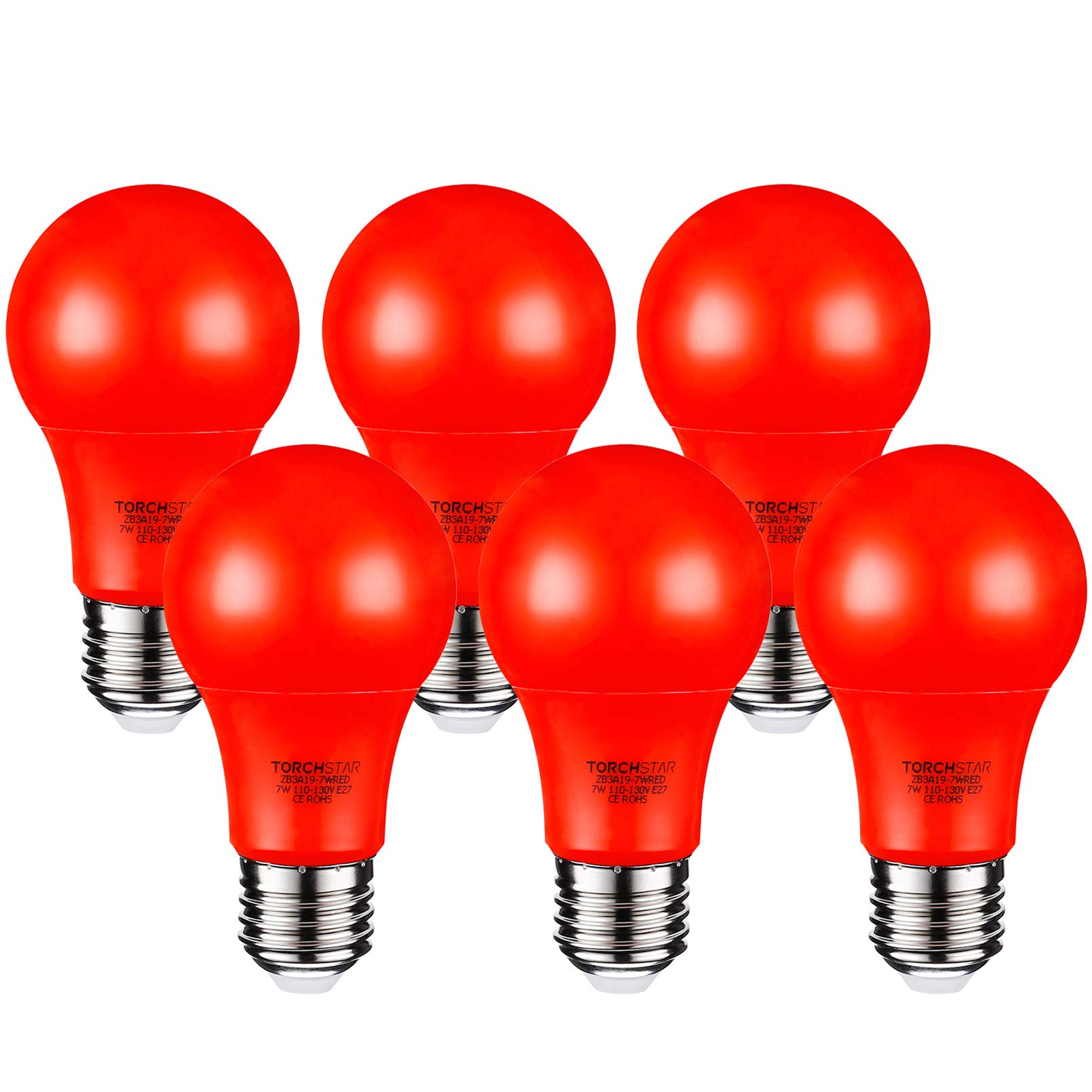 TORCHSTAR LED A19 Red Bulbs, 7W Equivalent, E26 Base, 6 Count Pack, Plastic Clad Aluminum