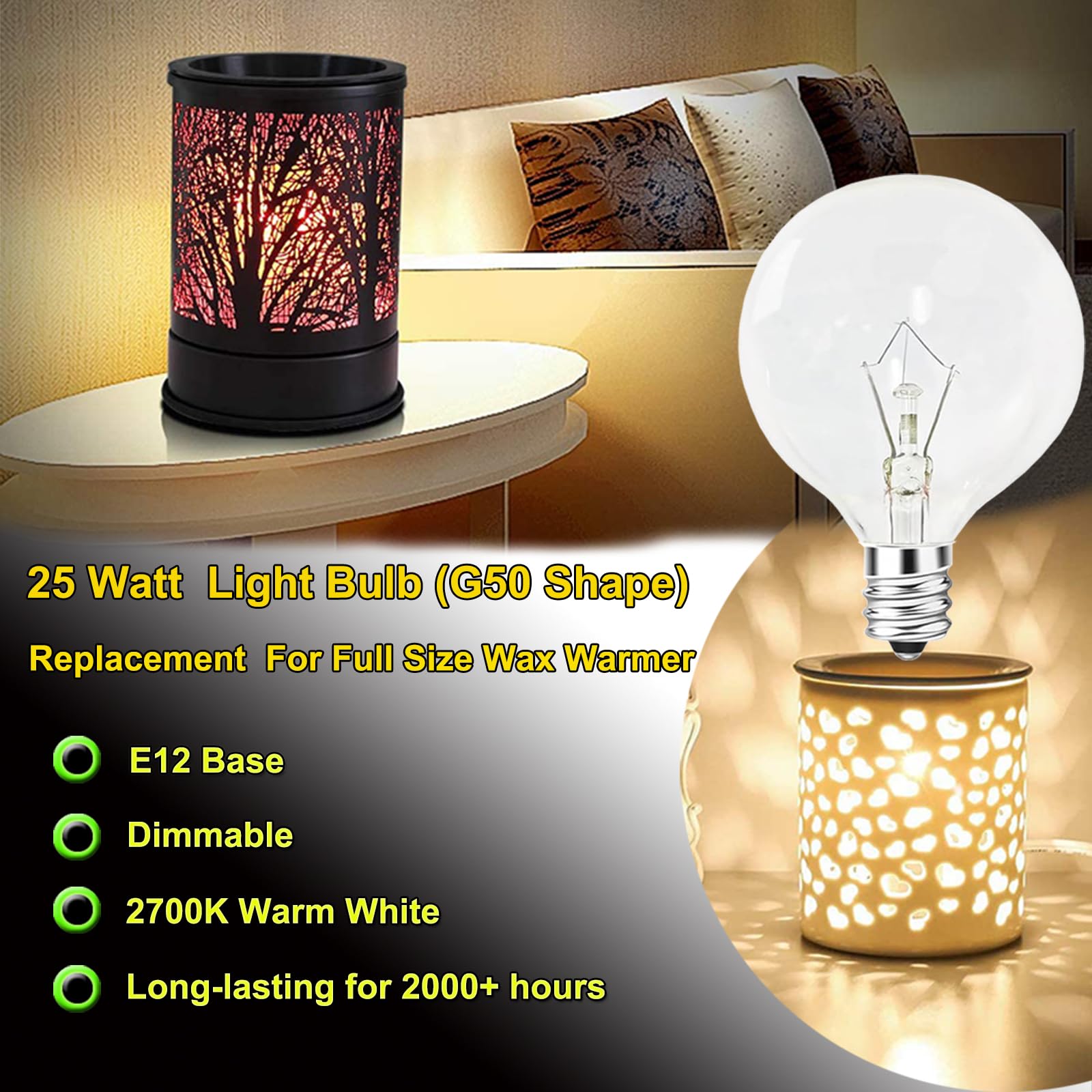 PaeorRorL G50 Wax Warmer Bulbs - 25W Dimmable Clear Glass E12 Base, 2700K Warm White, 6 Pack