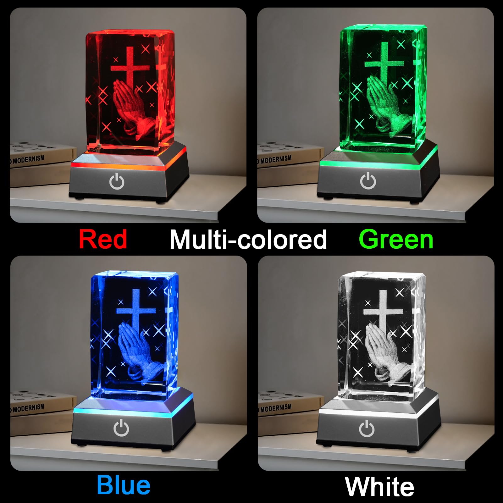 Eicxjui 3D Crystal Praying Hands Night Light with Multicolor LED Base, Engraved Cross Figurine, Religious Gift for Home Decor
