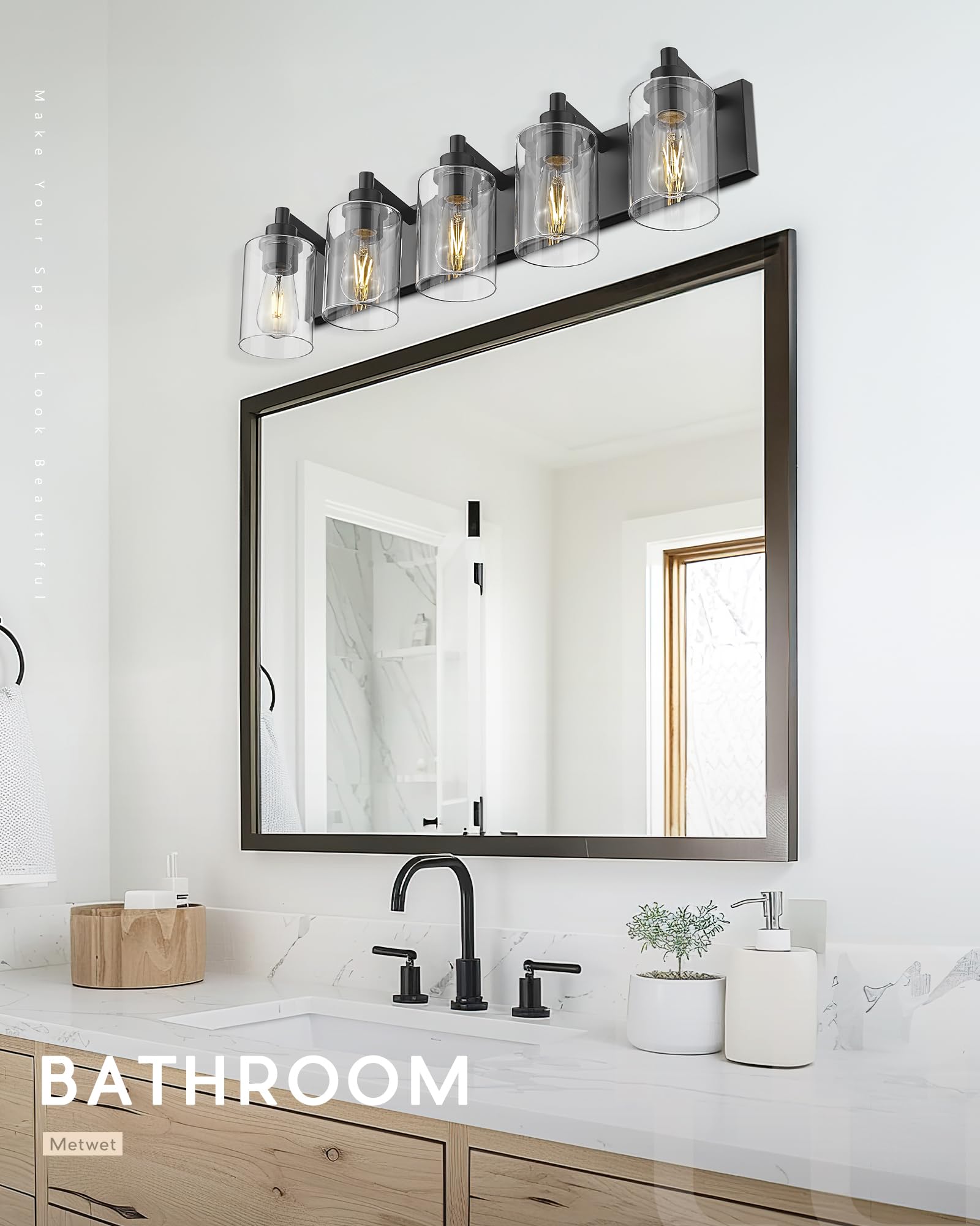 Metwet 5-Light Bathroom Light Fixtures  30 Inch Black Vanity Light With Cylinder Clear Glass Shade  Modern Vanity Lighting Fixtures Over Mirror  Vl143-Mb-5