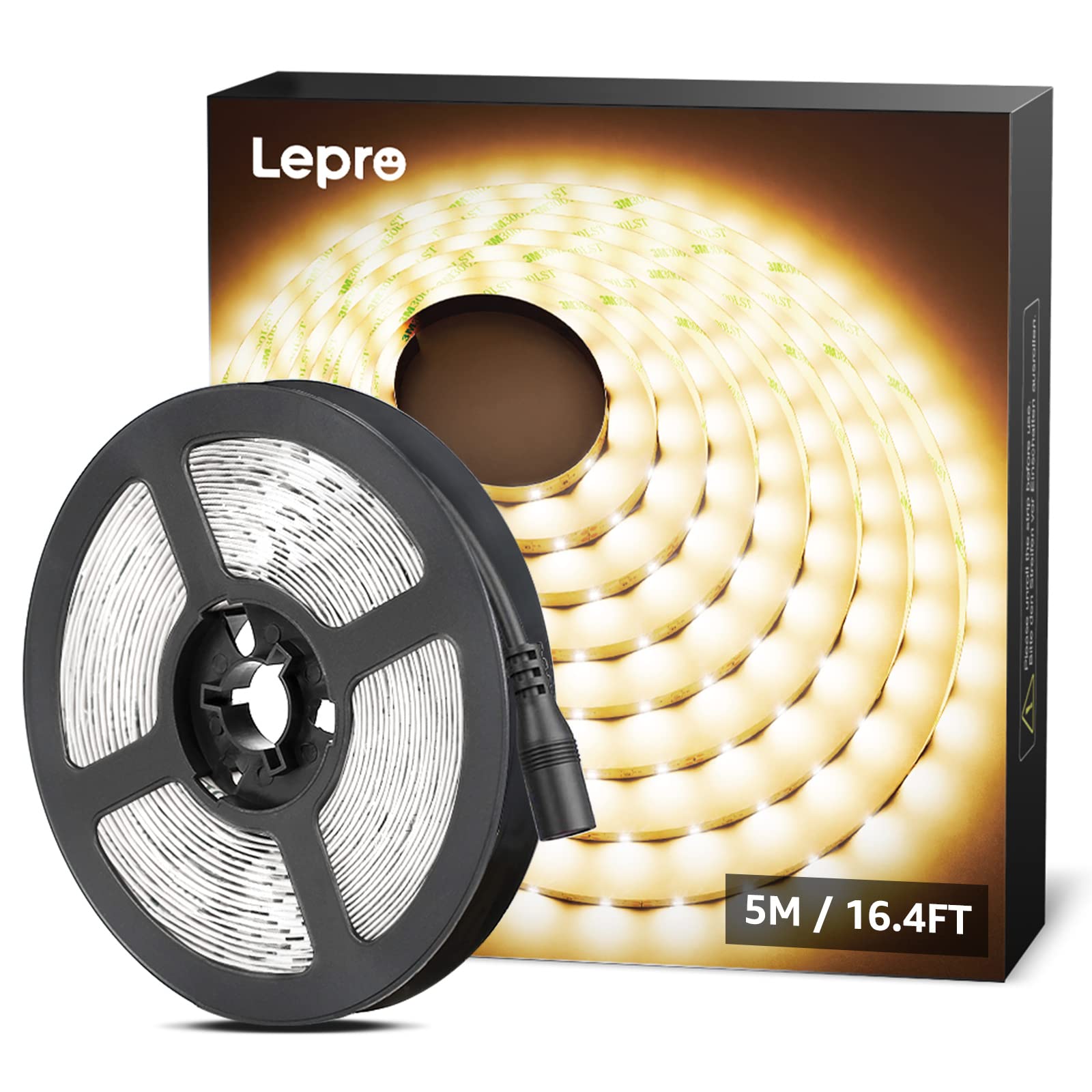 Lepro 12V LED Strip Light, SMD 2835, 16.4ft Flexible Tape Light, Warm White, Model 4100057-WW, Non-Waterproof