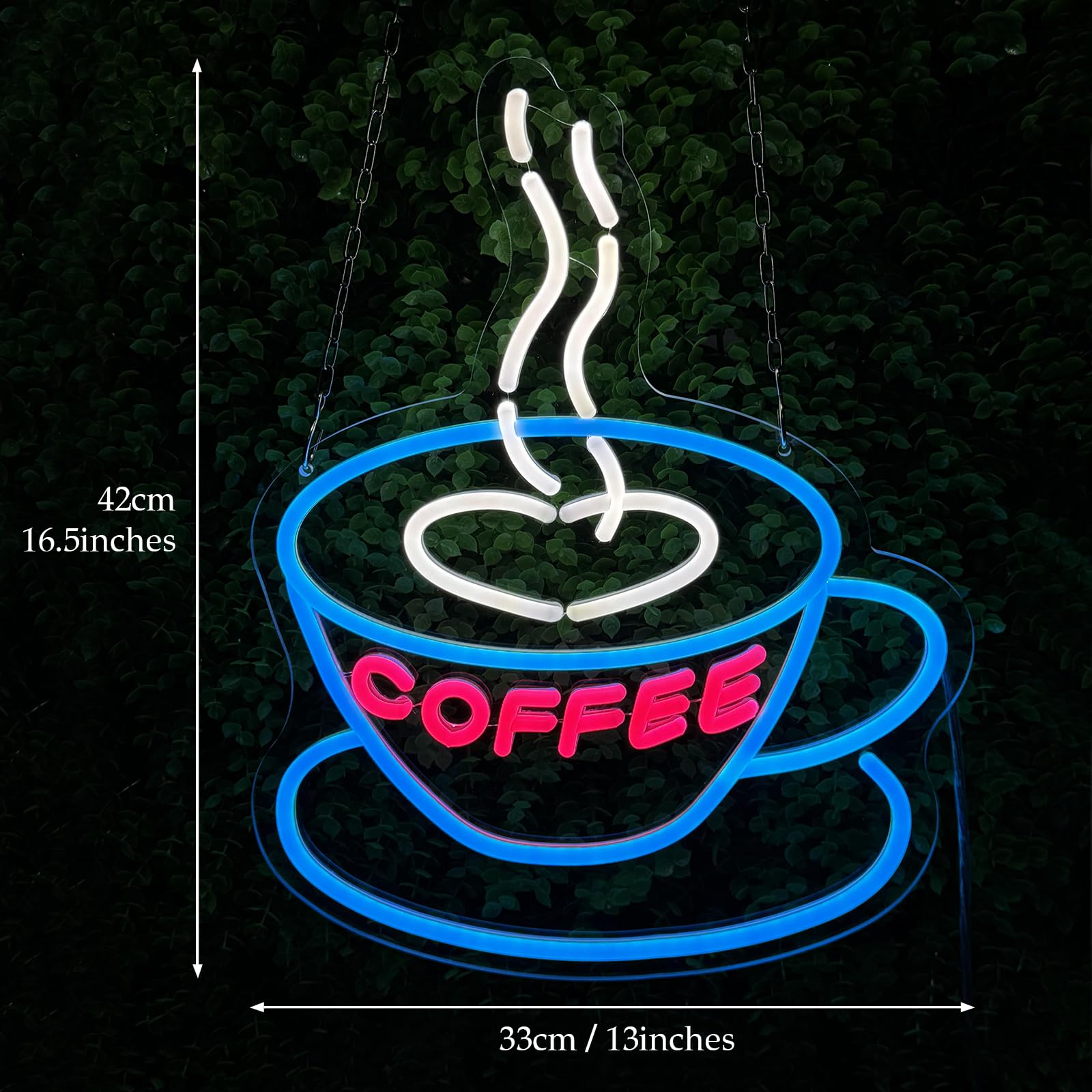 YALLOVE Dimmable Coffee Neon Sign, LED Wall Decor, Cut to Shape 16.5"x13", Ice Blue/Rose/White, Remote Control for Cafe/Restaurant