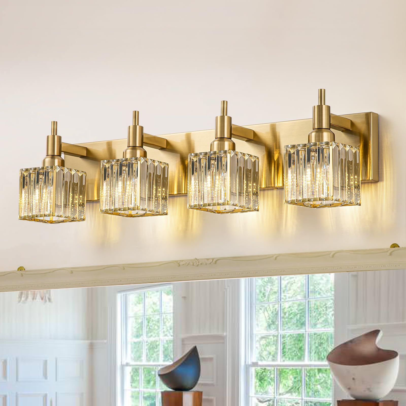 Huoku Gold Bathroom Vanity Lights, 4 Lights Crystal Bathroom Lighting Fixtures Over Mirror Modern Gold Crystal Bathroom Wall Lig