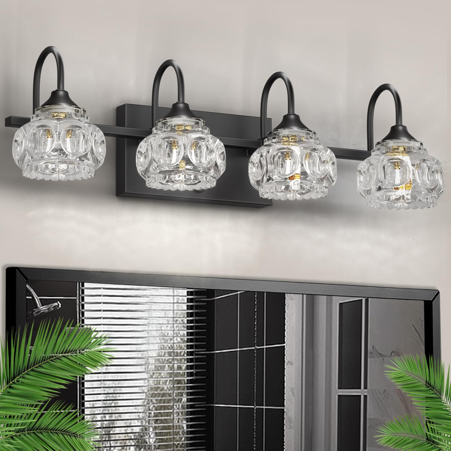 DIKAIDA 4-Light Bathroom Vanity Light, Matte Black Metal with Crystal Glass Shade, Modern Over Mirror Wall Lights