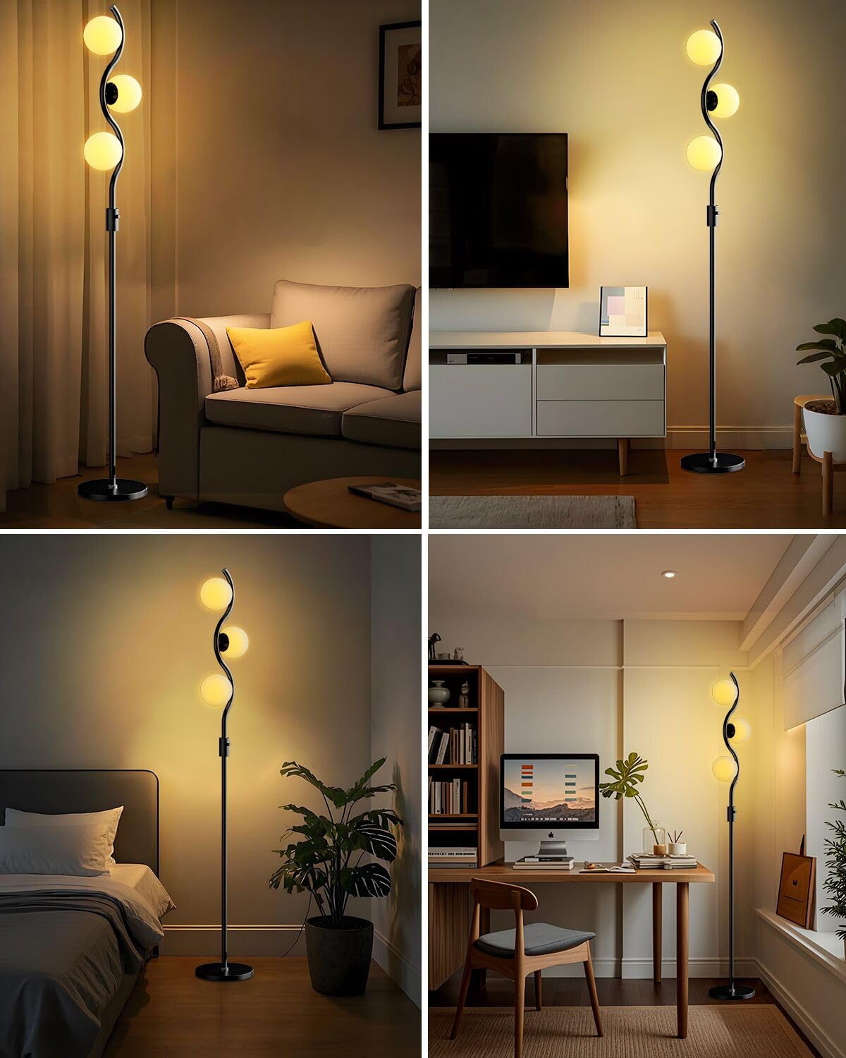Lightdot 60In 3-Globe Dimmable Black Floor Lamp Mid Century Standing Lamps With 3Pcs 3000K Warm White G9 Bulbs Stepless Brightne