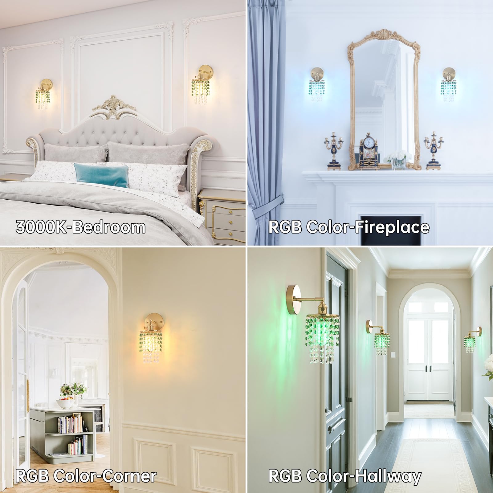 Shenmoyl Crystal Wall Sconce Set of 2, Rechargeable, Dimmable, 5400mAh Battery, Green-Gold Base, Modern Design for Bedroom & Bathroom