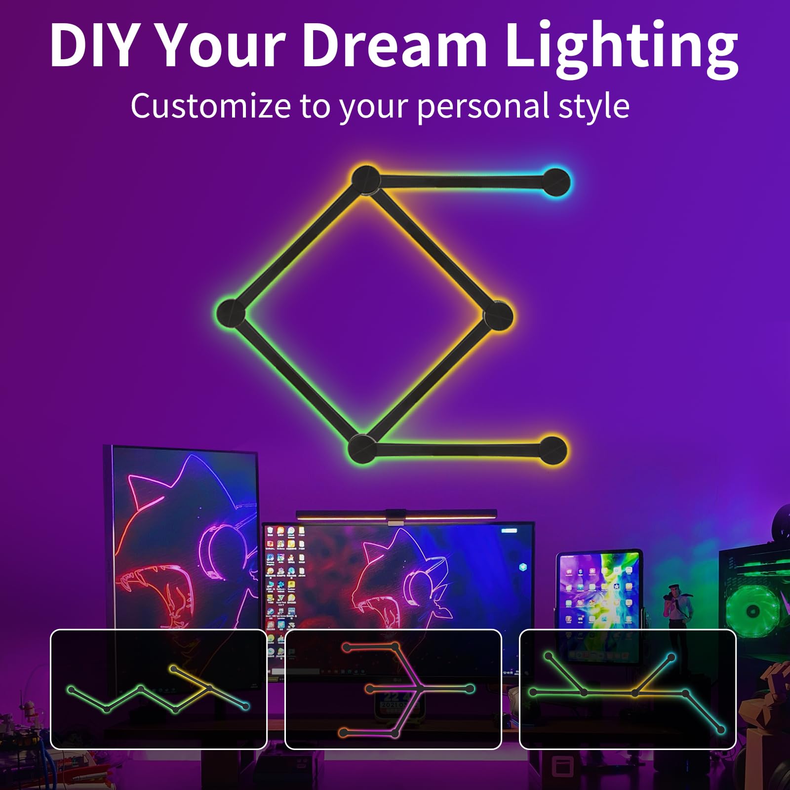 KOBAIBAN Smart Wall Light Lines, WiFi RGB LED Bars, 6 Light Lines Kit, Dimmable, Music Sync, Black, Model JSK-P22