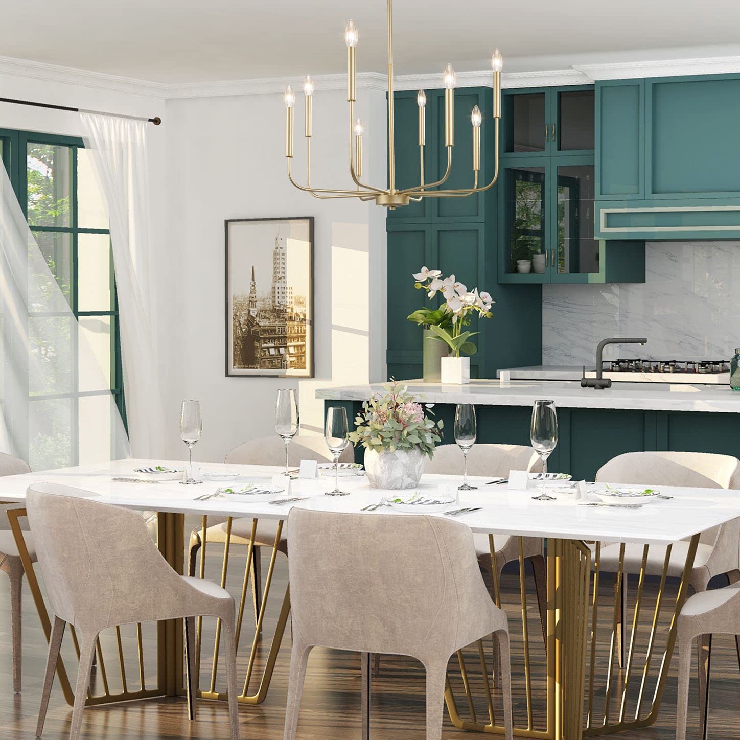 Laluz Modern Gold Chandelier Light Fixture, 8 Lights Dinning Room Chandelier For Bedroom, Living Room, Kitchen, Foyer, Entryway