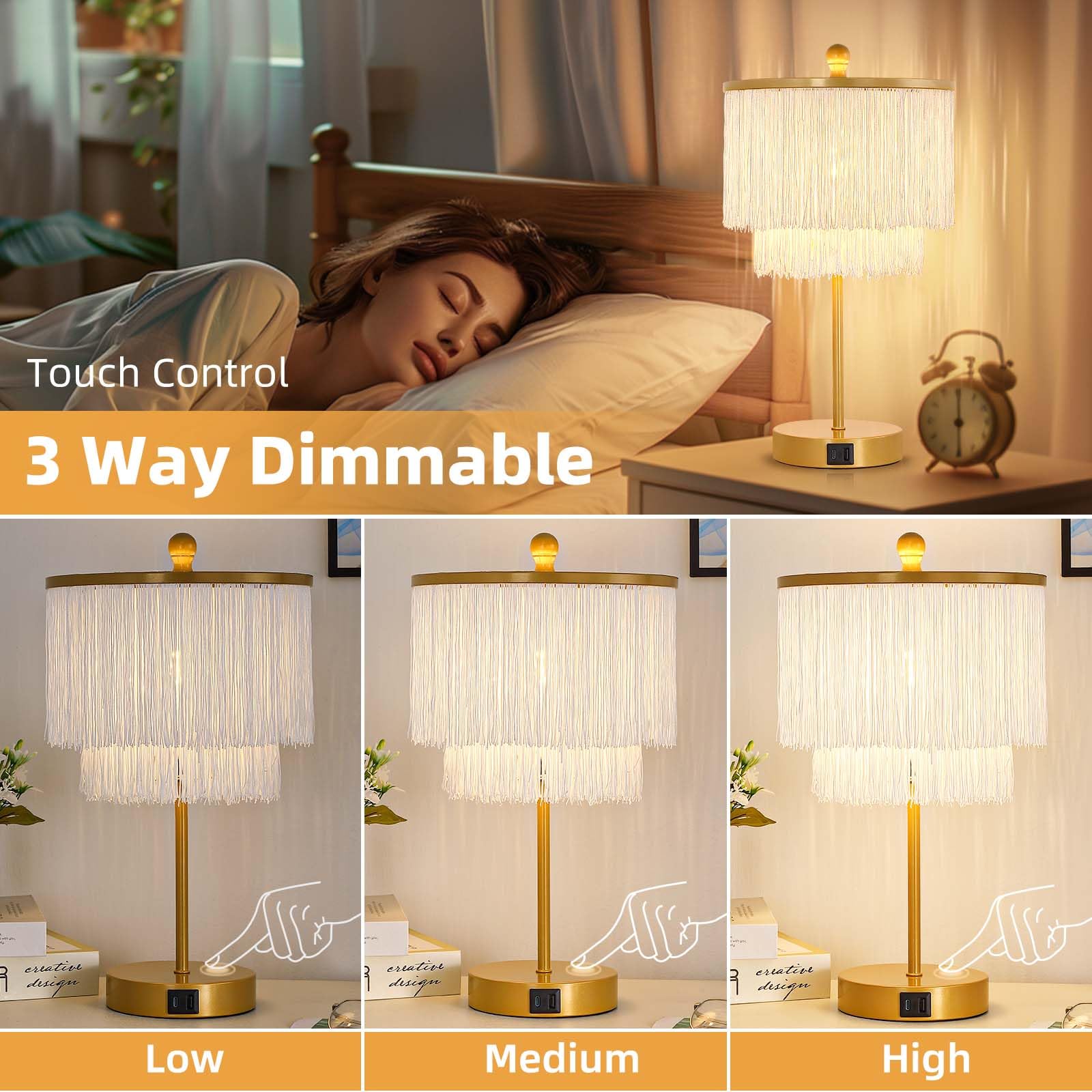 Lovlast Bedside Lamps Set of 2, 3-Way Dimmable Touch with USB Port, White, Model T4564-A