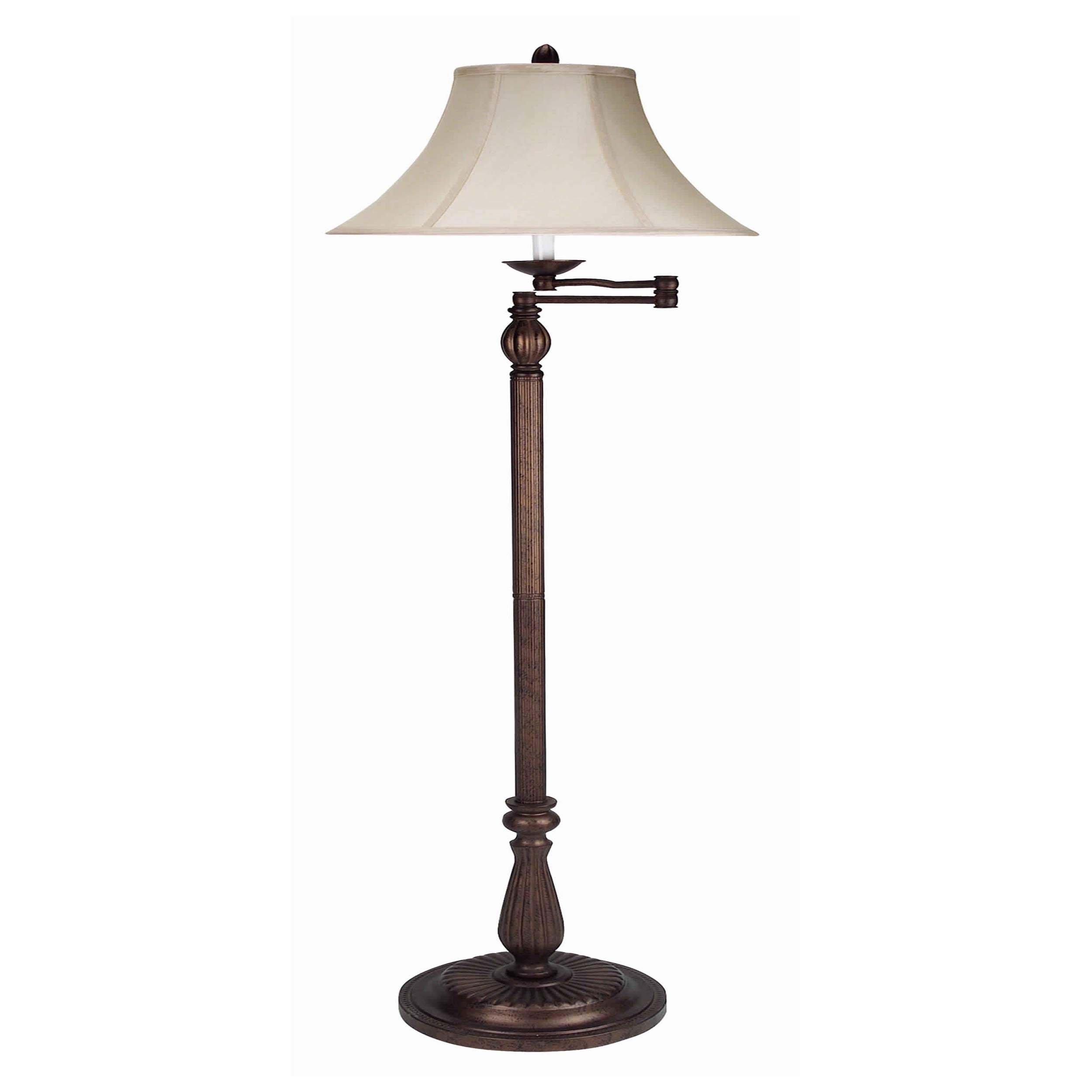 Benjara Swing Arm Metal Body Floor Lamp With Fabric Bell Shade, Bronze And Beige