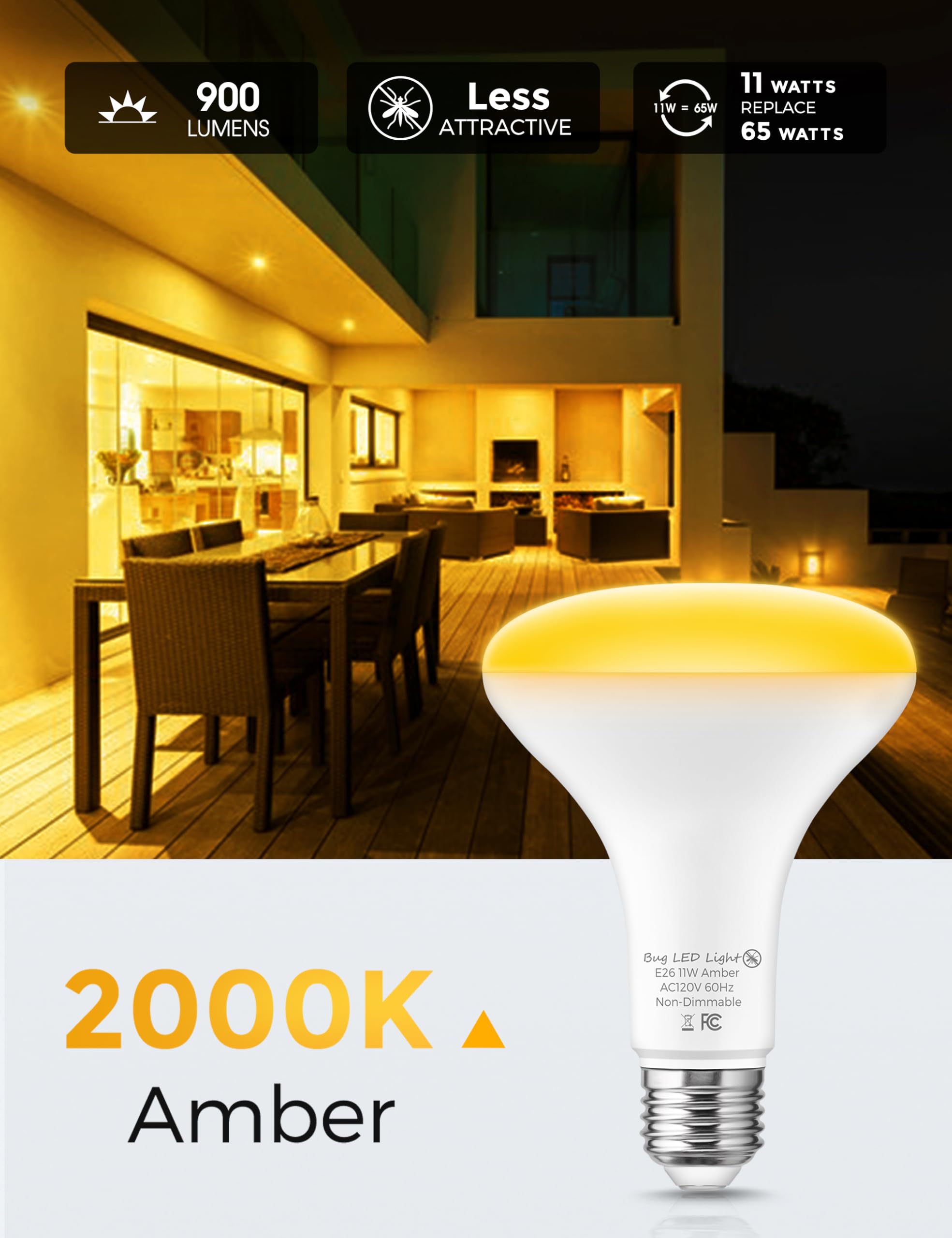 L Lohas Led Yellow Bug Light Bulbs Outdoor, 65W Equivalent Br30 Bug Flood Lights For Outside, Non-Attracting, 11W Amber Porch Li