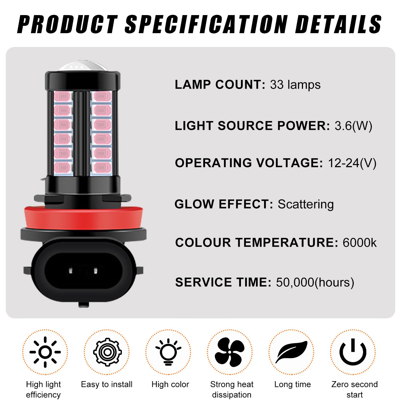 Yourkar H8 H11 LED Fog Light Bulbs, 12V Plug and Play, Aluminum, Pink, Compatible with Most Cars, Trucks, SUVs