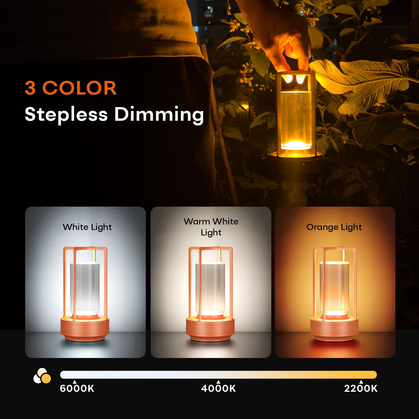 HAPYGI Portable Metal Table Lamp, Rechargeable LED, 3-Colour Dimming, 3.54 x 3.54 x 7.08 inches, Orange, Model A-L