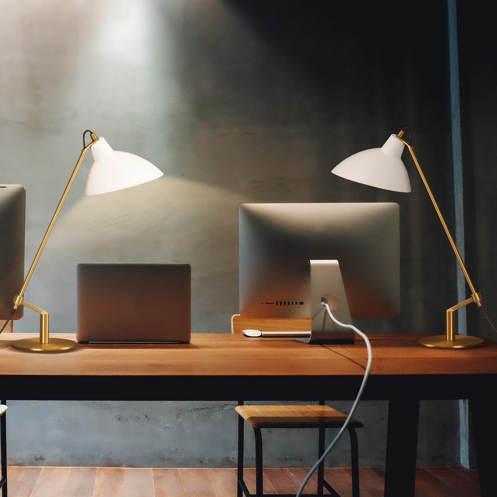 PSDSSHIIS Desk Lamp Modern Industrial 22in Metal Table Lamp Soft White Light 3000K Adjustable Switch White+Brass PS006