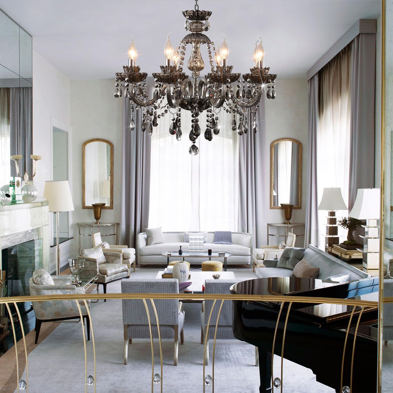 Luxurious Smoky Gray Crystal Chandelier For Living Room, Antique 6-Lights Teardrop Candle Chandelier Pendant Ceiling Lighting Fi