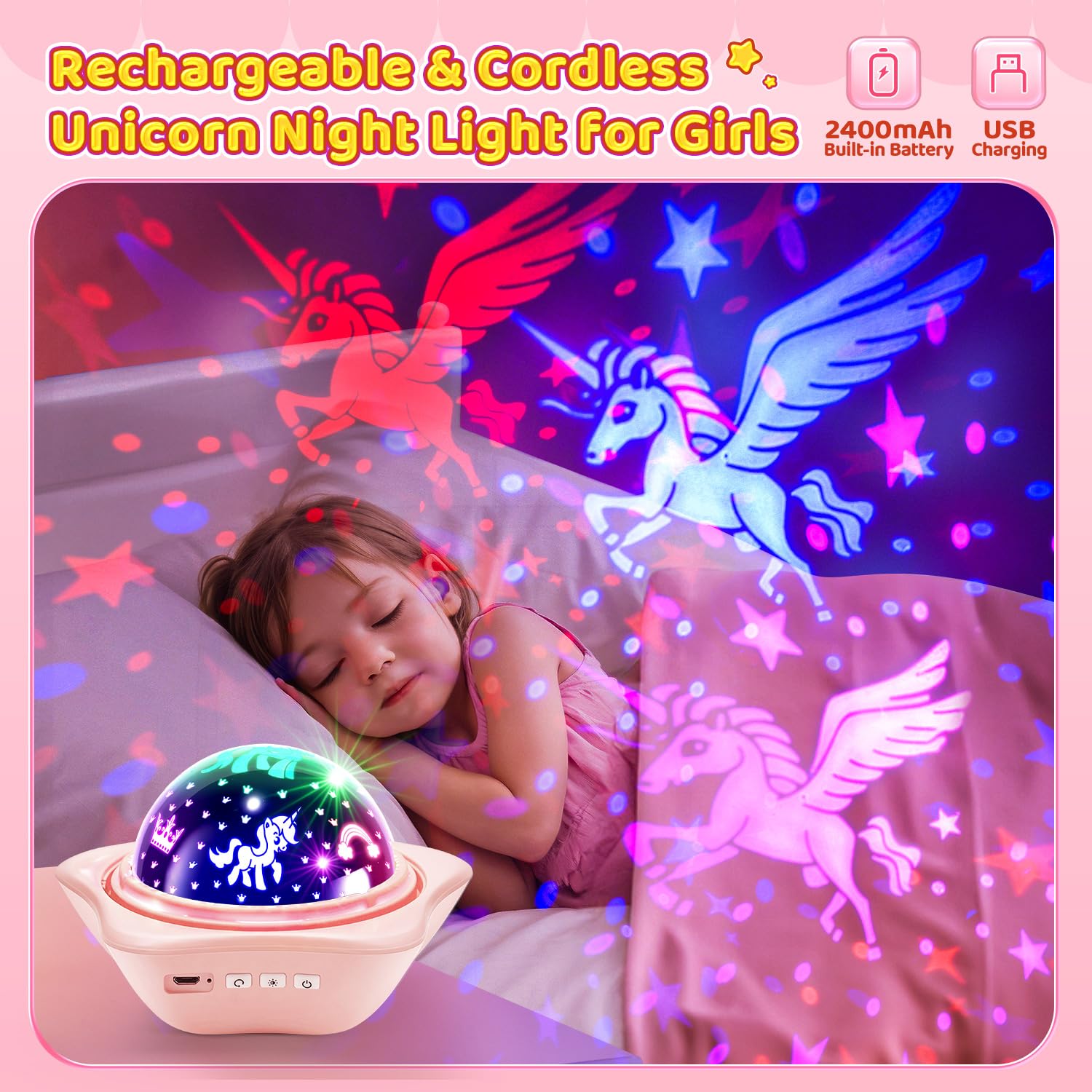 One Fire Unicorn Night Light Projector - 48 Lighting Modes, 360° Rotating, USB Rechargeable, Pink, Ideal for Kids Room Decor