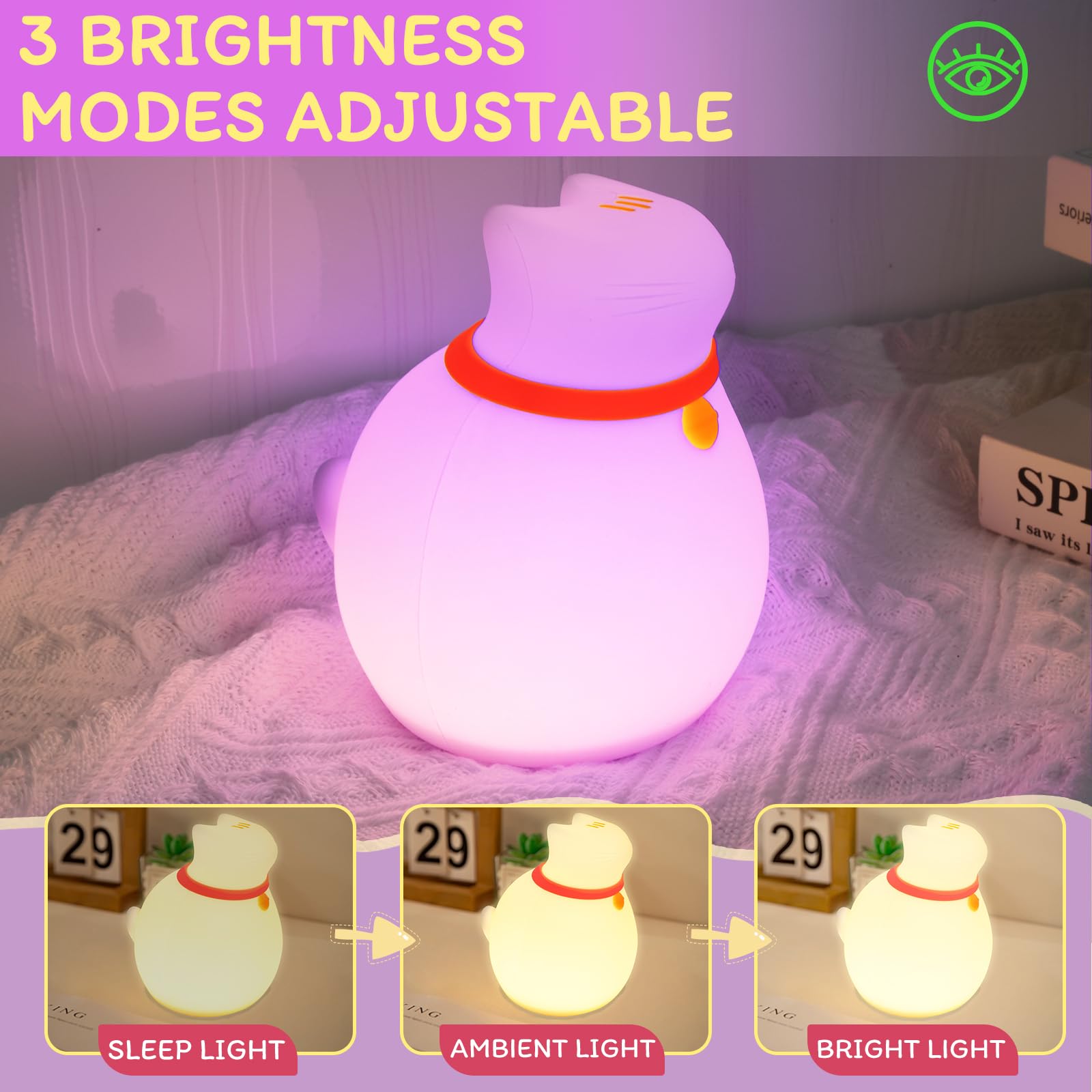 MAGOHMT 7-Color Changing Cat Night Light, Silicone Rechargeable Nursery Light with Timer & 3 Modes, Kids Bedroom Lamp Touch Sens