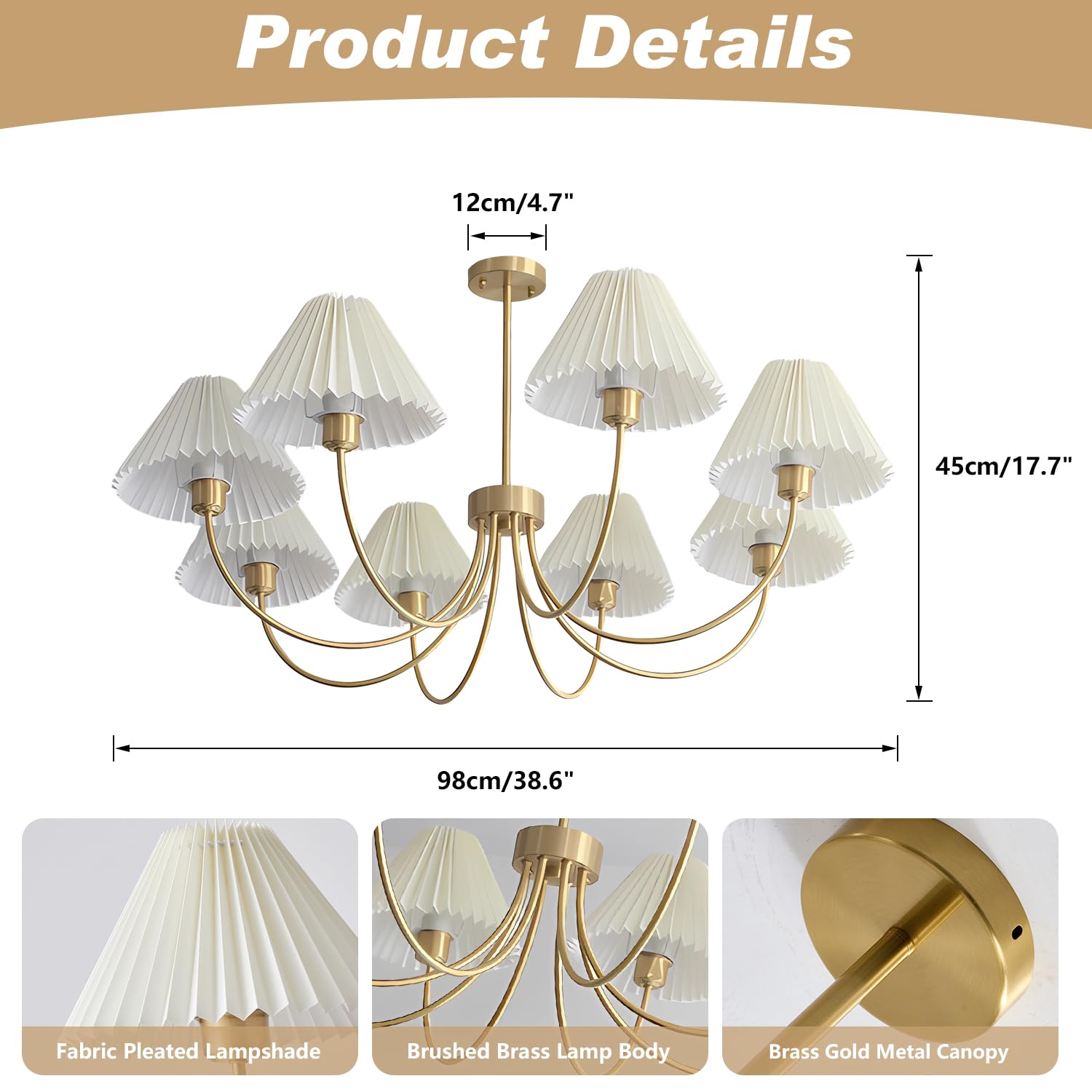 Kco Lighting Brushed Brass Sputnik Chandelier Gold Metal Chandelier With White Pleated Fabric Shades 8-Lights Ceiling Chandelier