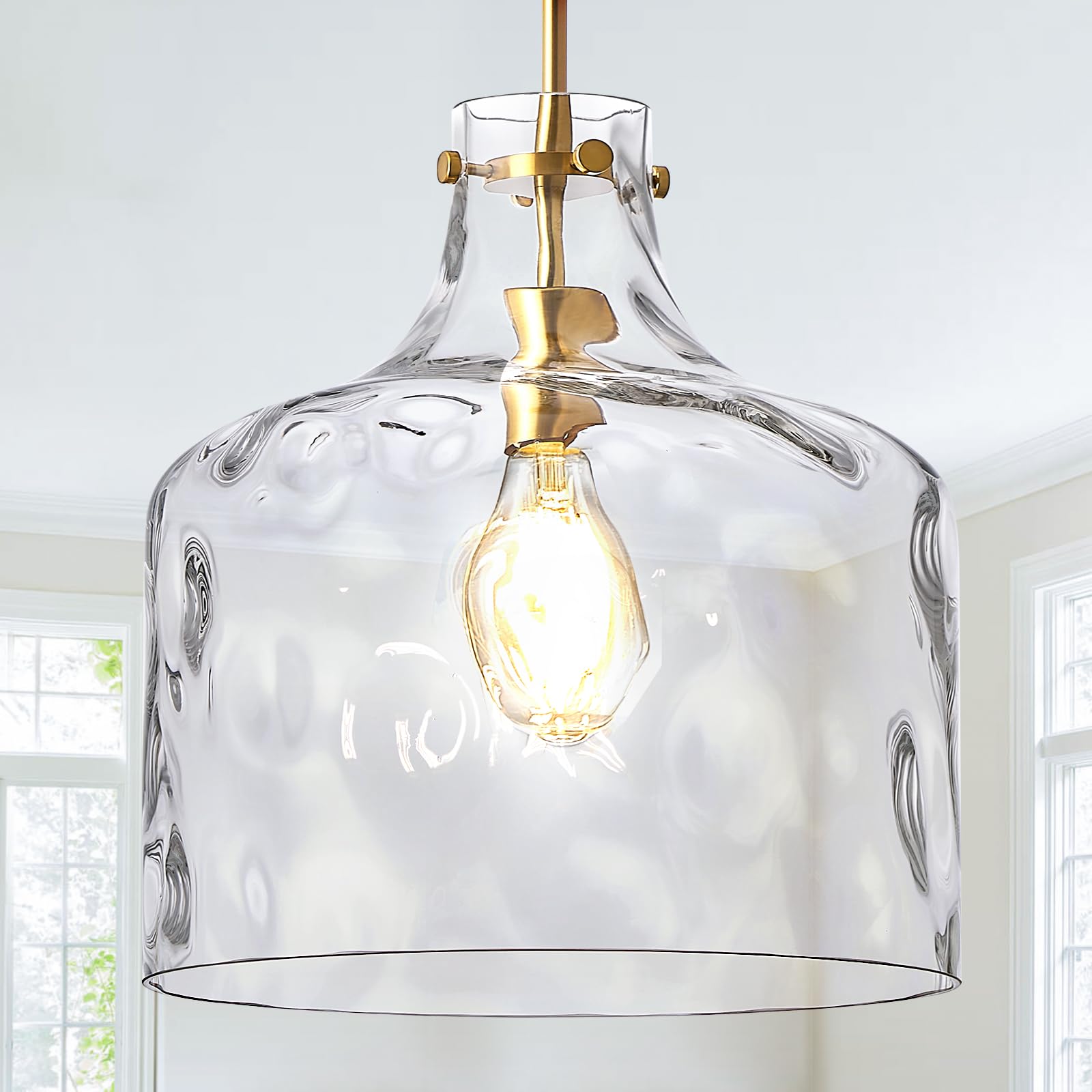 CATINER 16 Extra Large Farmhouse Pendant Light - Hand-Blown Hammered Glass Shade, Gold Finish, Adjustable Chain Ceiling Light fo