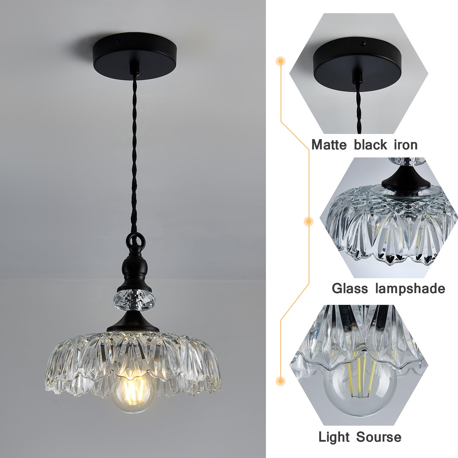 Cvkash Vintage Glass Pendant Light Fixture Black Modern Adjustable Chandelier Hanging Light For Farmhouse Dining Room Kitchen Be