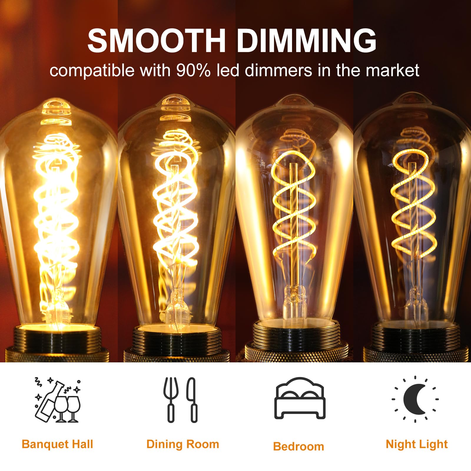Decoaui St64 Led E26 Vintage Edison Light Bulbs, Light Amber Glass, Dimmable, 4W(40W Equivalent) 300 Lumin, 2500K Warm White, Sp