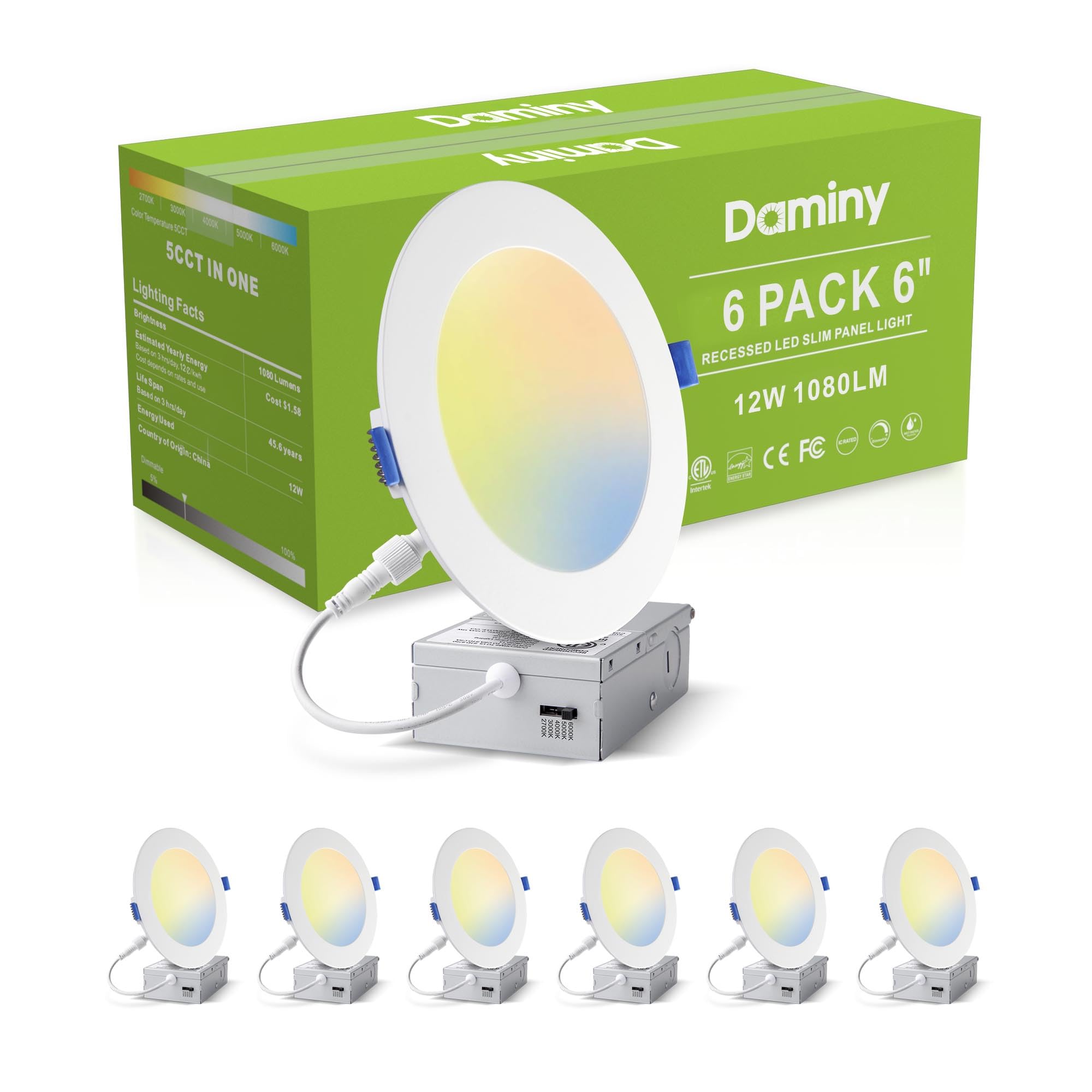DAMINY 6 Pack 6 Inch LED Recessed Lighting with Junction Box,5CCT,Ultra-Thin Recessed Light,12W 1080lm, Dimmable Canless Wafer C