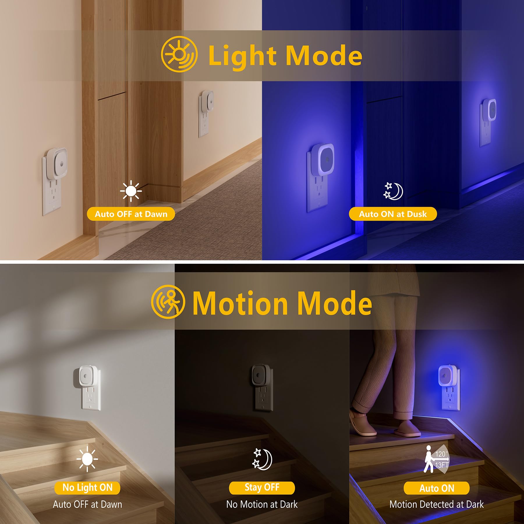 Yunlex 2 Pack Plug In Night Light With Motion Sensor & Dusk To Dawn Sensor, 3 Sensor Modes, Blue Night Lights Plug Into Wall, Di