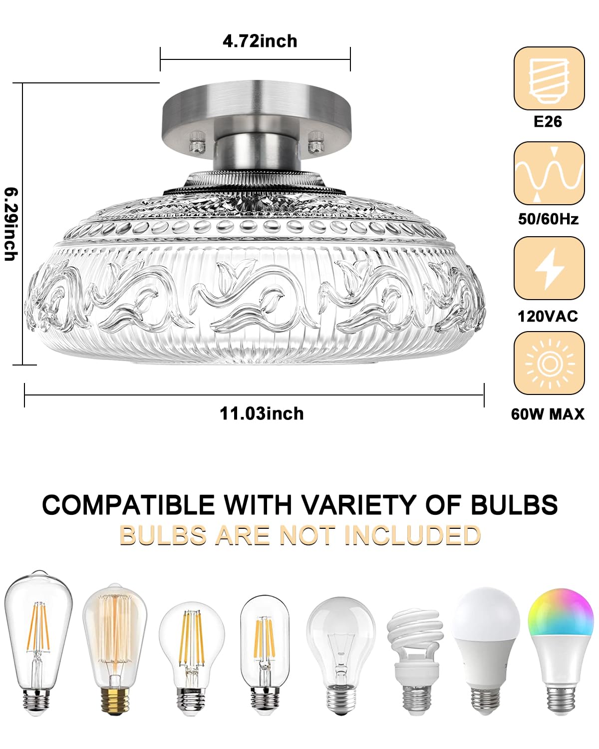 Semi Flush Mount Ceiling Light Fixture - 11 Inch Modern Glass Hall Light, Vintage Light Fixture For Kitchen, Hallway, Bathroom And Entry Way, Compatible With E26 Light Bulb, Silver