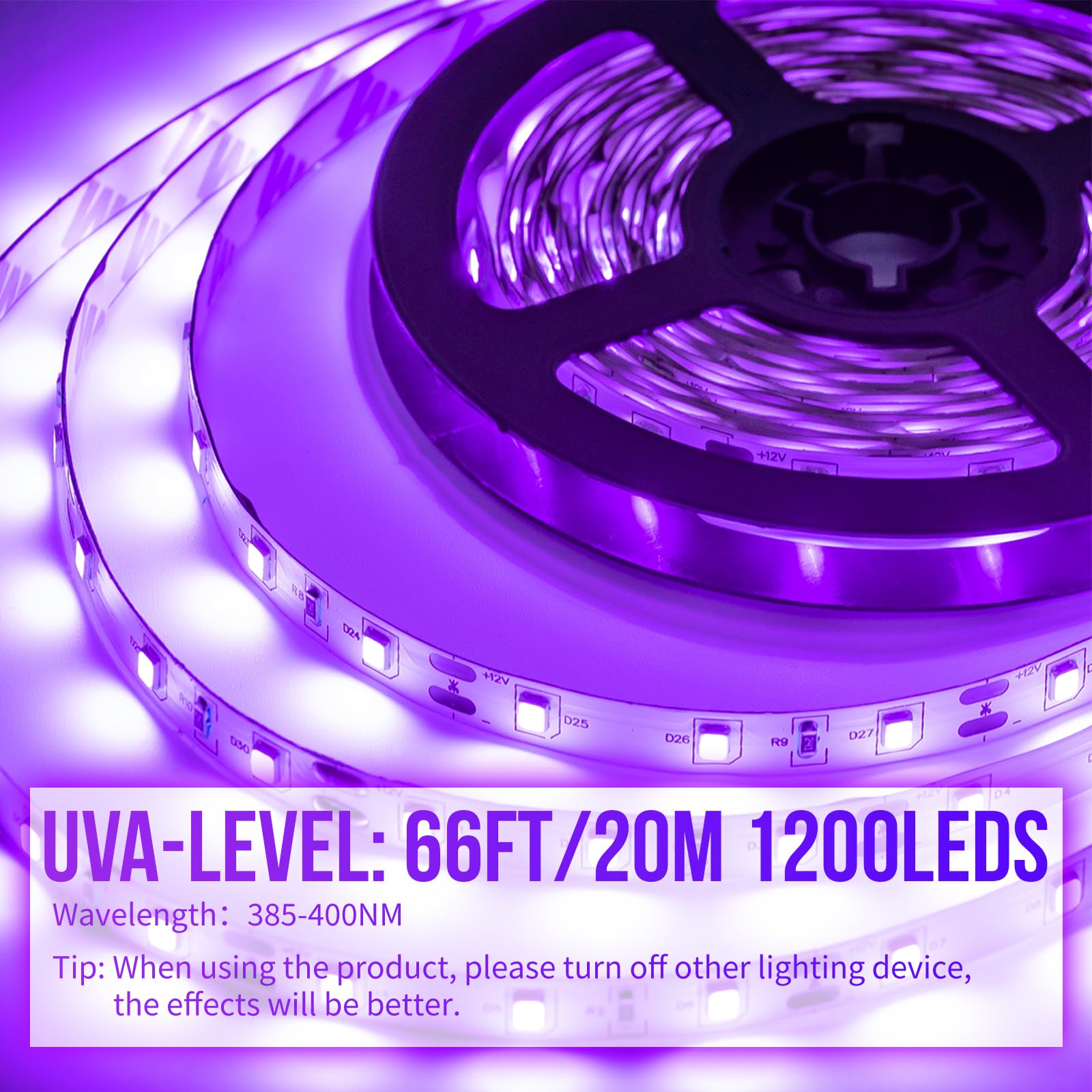 SHGPODA LED Black Light Strip Kit, 66ft/20M, 1200 Lamp Beads, 12V Flexible, Non-Waterproof, Black, Model SPD-D20-UV