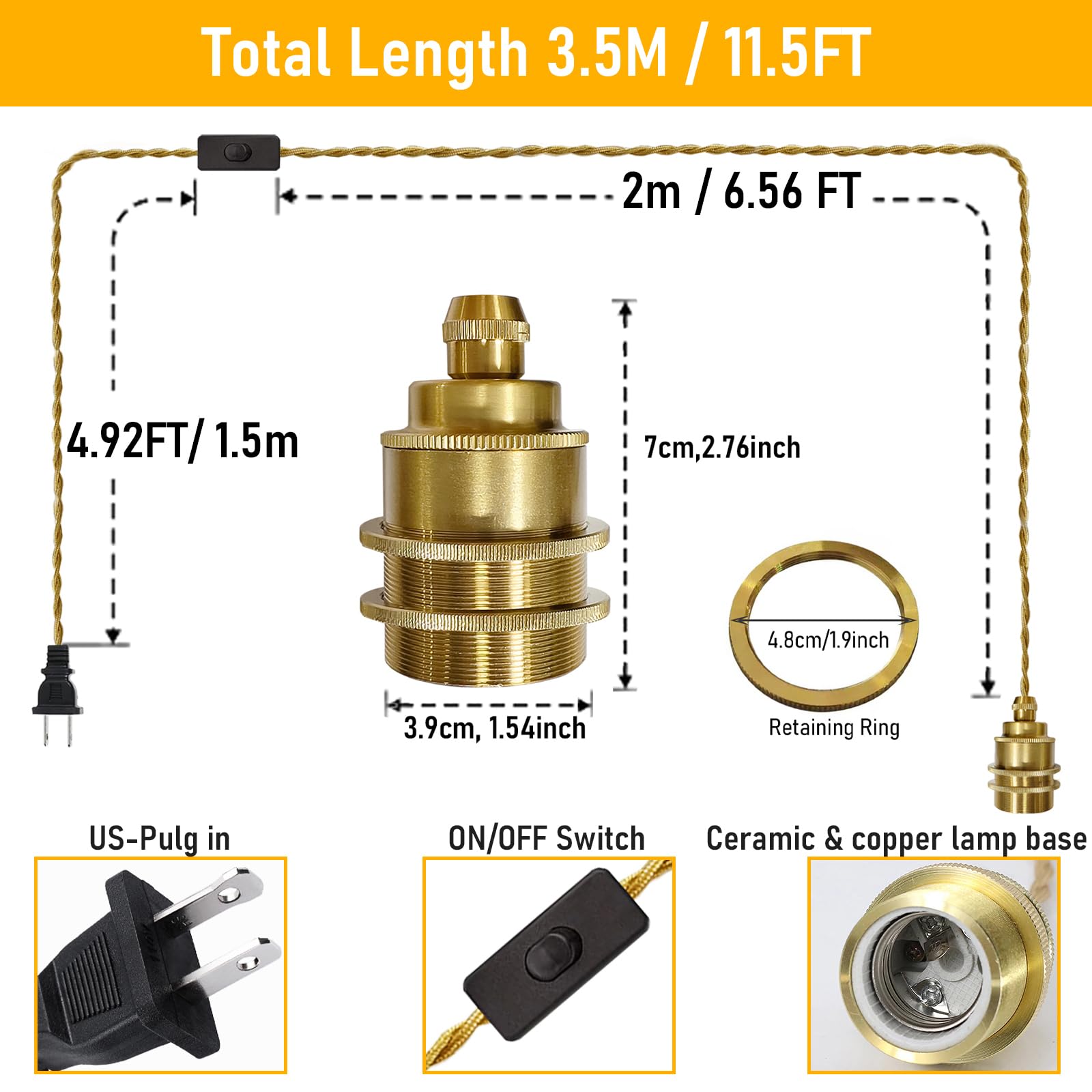 Dtiedy Gold Plug In Pendant Light Kit, Hanging Plug In Lights Fixture With Metal Ceramic E26 Socket, 11.5Ft Hanging Lights Cord